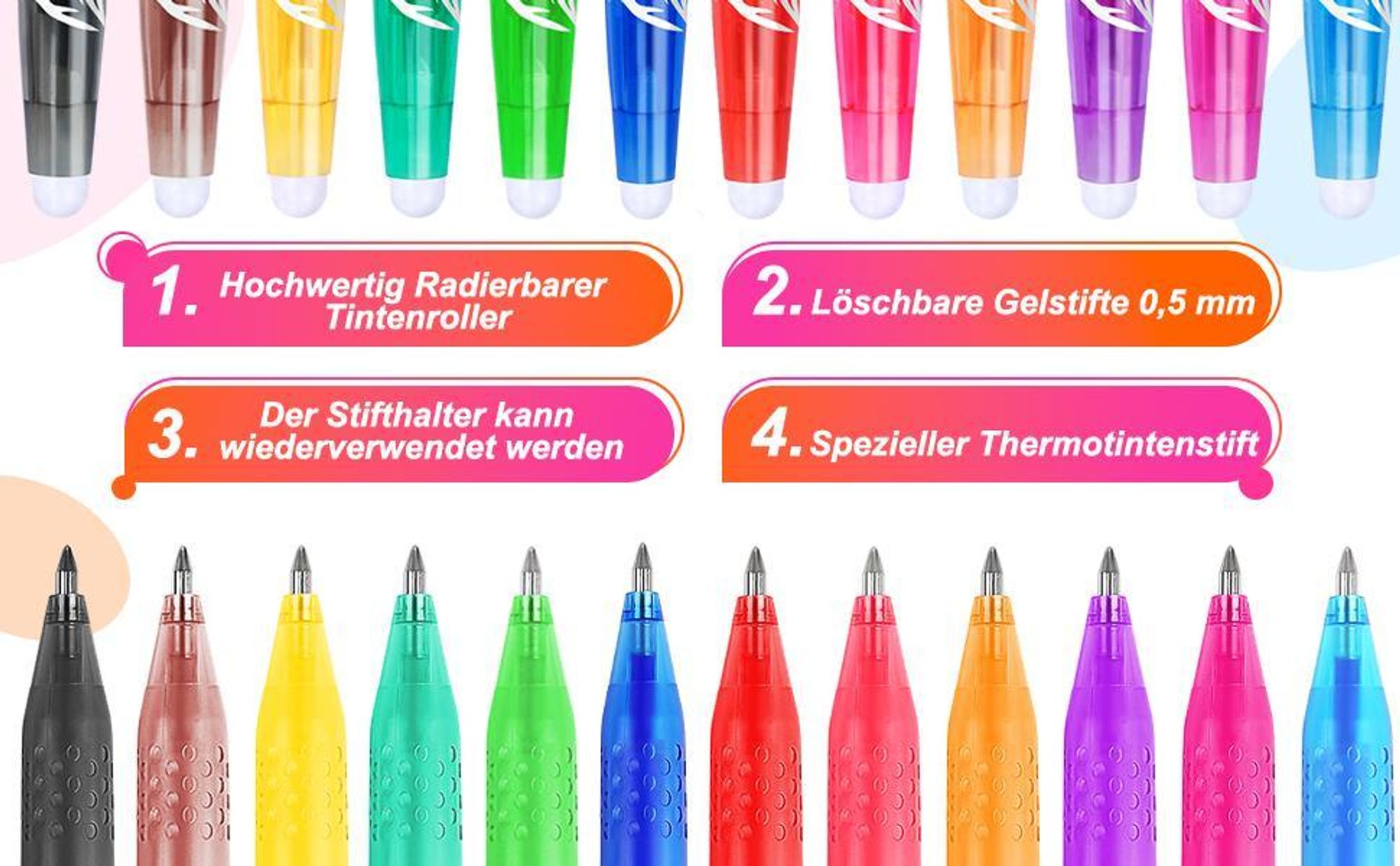 Radierbarer Kugelschreiber, Tintenroller Radierbar, 12 Farben Kugelschreiber Radierbar, Radierbarer Gelschreiber Set, 0,5 mm Radierbarer Tintenroller