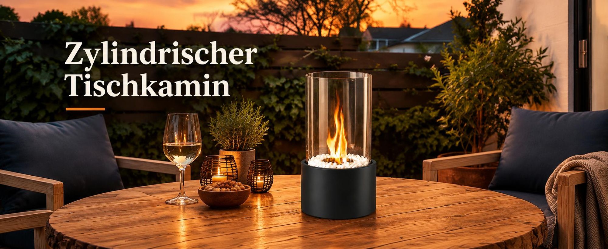 ZMH Tischfeuer Bioethanol 16×26.9CM Tischkamin mit dekorativen Steinen Edelstahl Rund Innen drausen Glaskamin Feuerstelle für Wohnzimmer party Schwarz