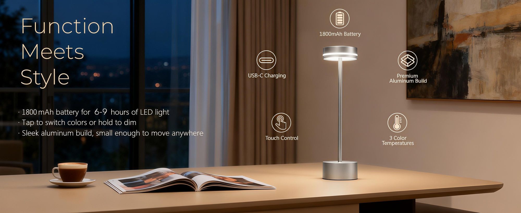 2er LED Tischlampe Kabellos,1800mAh Touch Dimmbare Tischleuchte, USB Wiederaufladbar,3 Farbtemperatur Nachttischlampen, Augenschutz-Nachtlicht, Silber