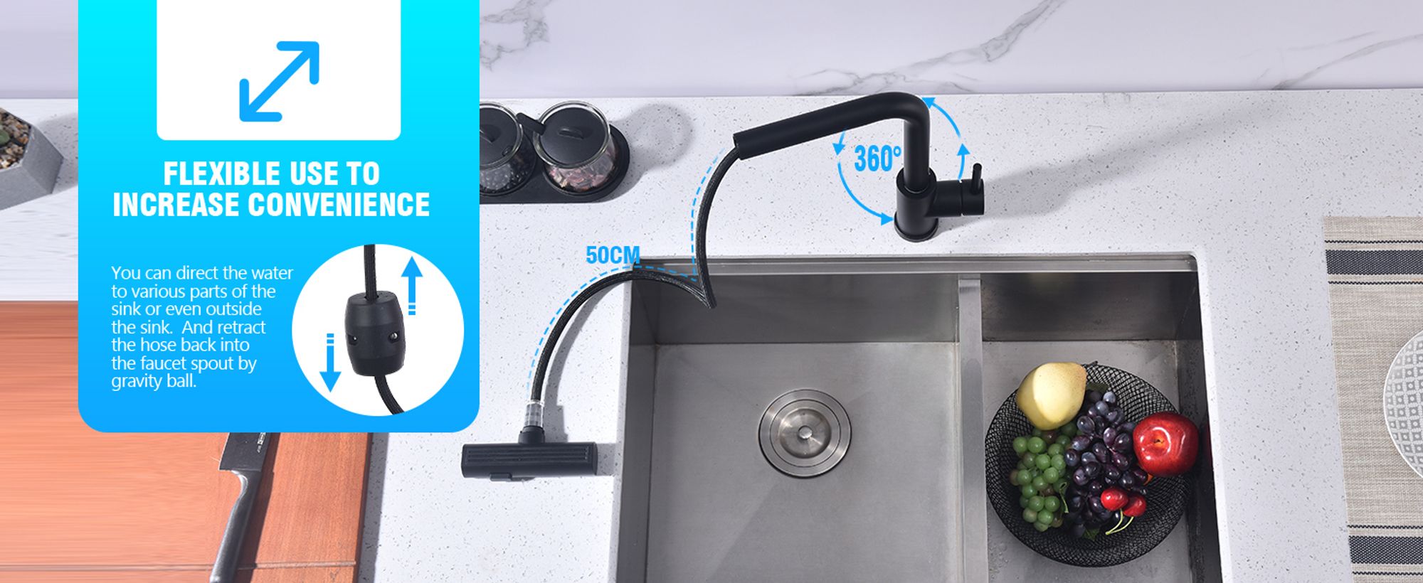 HOMELIVE Küchenarmatur Schwarz – 360° Schwenkbarer Wasserhahn Küche, Ausziehbare Spültischarmatur mit Brause, 3 Strahlarten für Flexibles Arbeiten