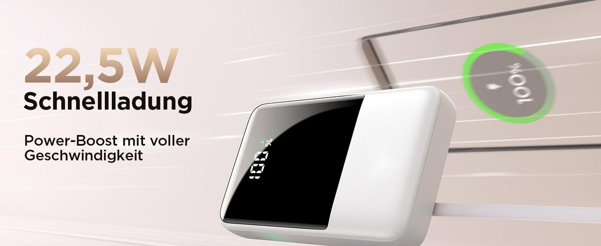 Powerbank, 20000mAh Tragbares Ladegerät, 22.5W Schnellladung, Externer Akku, mit 2 Kabel und LED-Display, für iPhone/Samsung