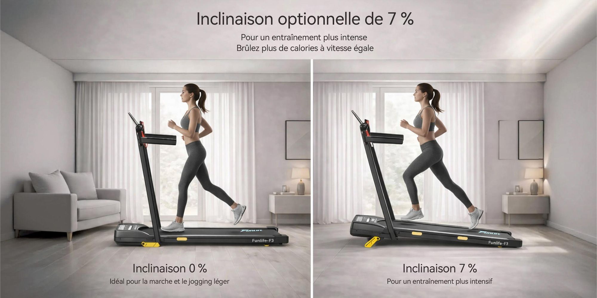 FunLife F3, tapis de course pliable, tapis de marche silencieux de 1 à 10 km/h avec moteur sans balais, inclinaison de 7 %, corde de sécurité et système de double poignée, capacité maximale de 120 kg