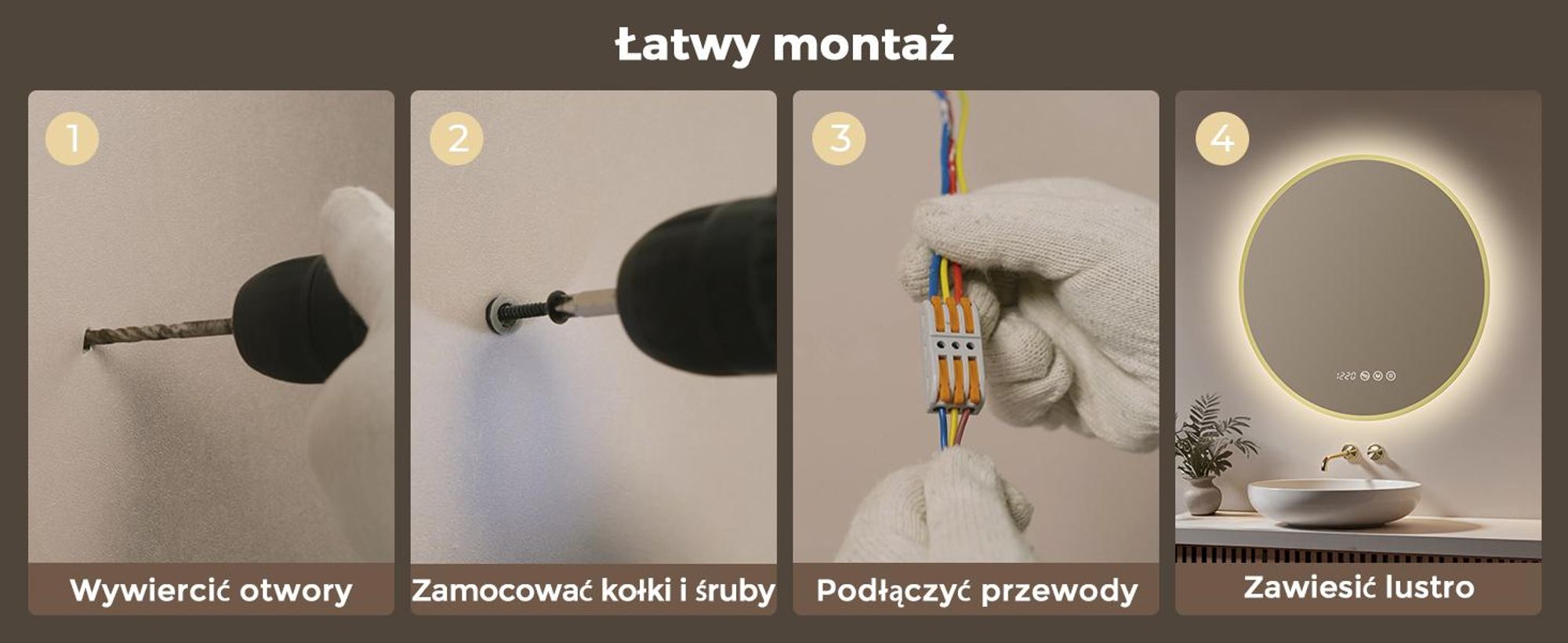 S'AFIELINA Lustro Łazienkowe LED 70 cm, Okrągłe, Złota Rama, 3 Barwy Światła, Regulacja Jasności, Antypara, Zegar, Wyświetlacz Temperatury