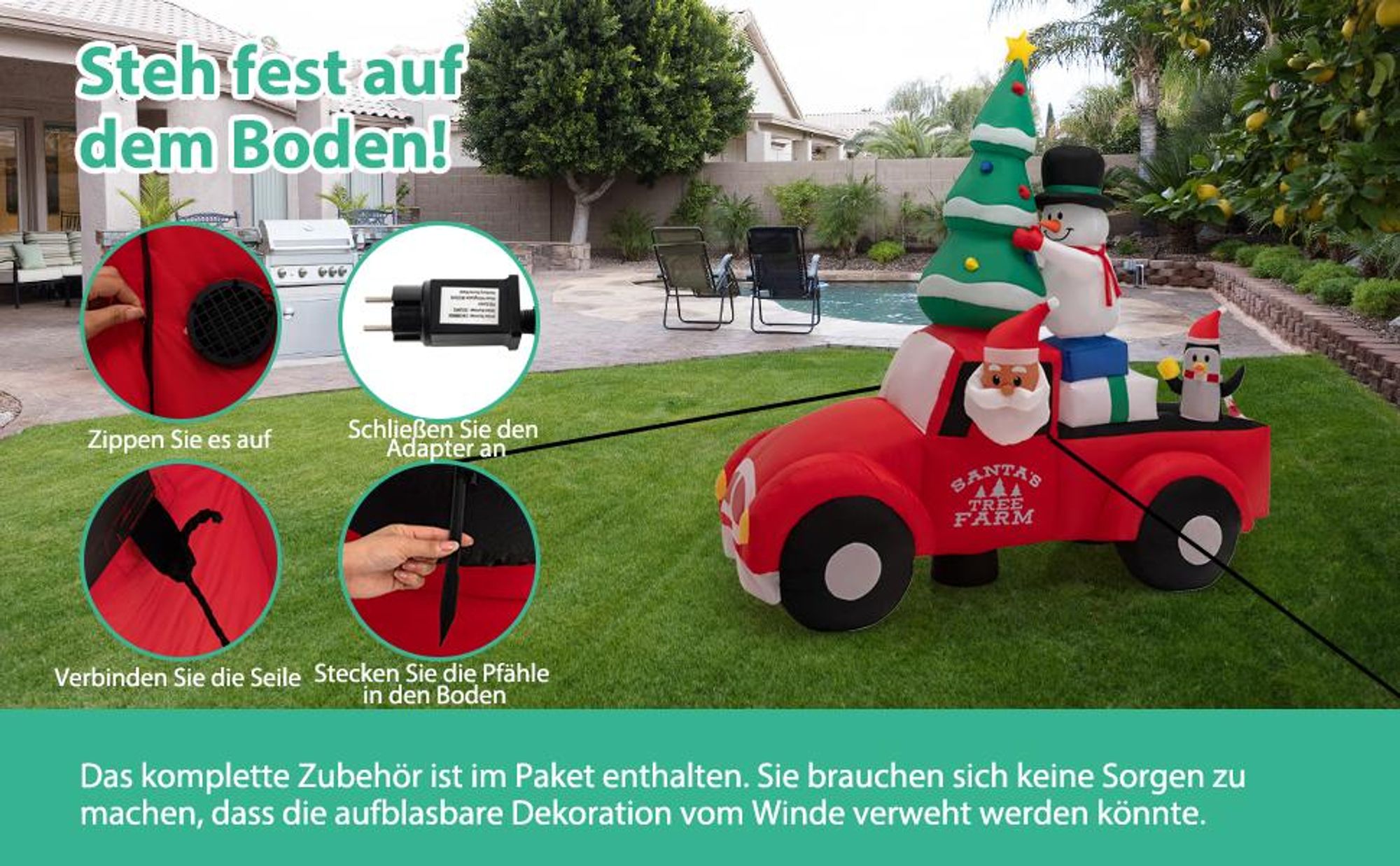 COSTWAY Aufblasbarer Weihnachtsmann fährt Auto, LED Weihnachtsdekoration mit Schneemann, Weihnachtsbaum, Geschenk & Pinguin, Selbstaufblasend