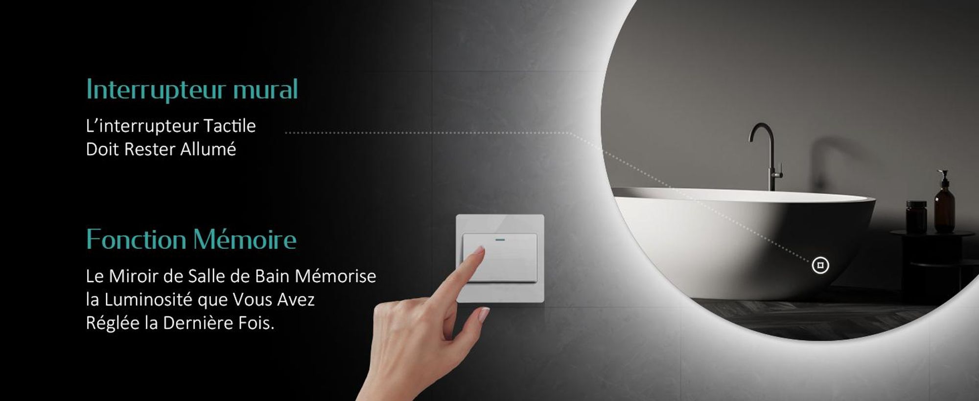 Miroir de salle de bain LED EMKE rond 60 cm Miroir LED Miroir de salle de bain avec éclairage Miroir lumineux blanc froid Miroir mural avec interrupteur tactile IP44 Économie d'énergie