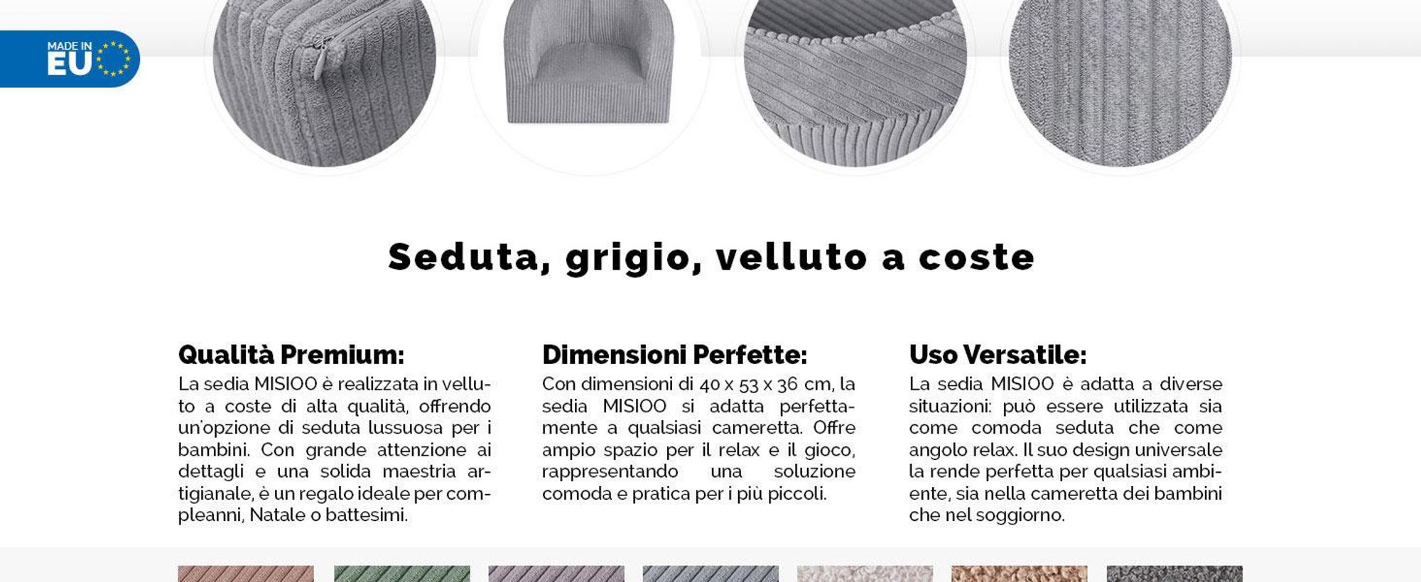 MISIOO Poltrona per bambini da 1 anno - Poltrona Premium in velluto a coste per bambini - Stabile e morbida - Imbottita ergonomicamente - 40x53x36 cm