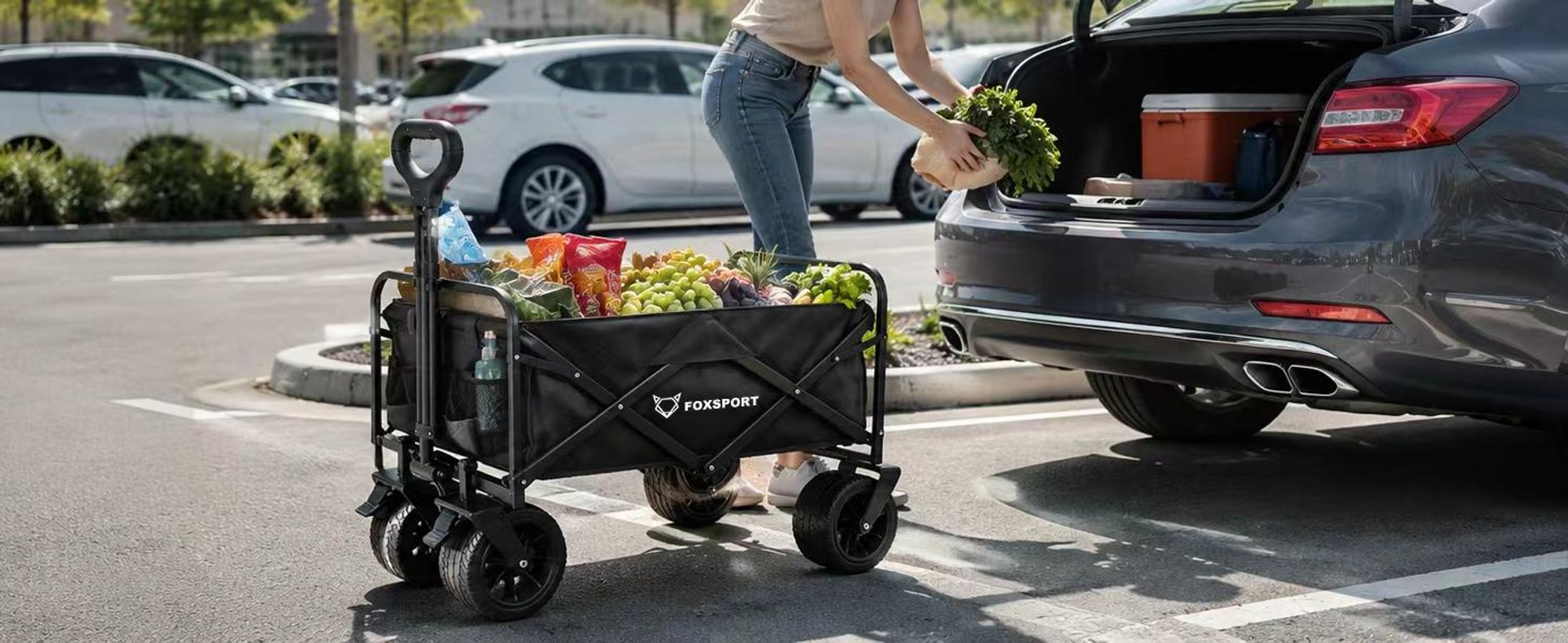 FOXSPORT Bollerwagen Faltbar, Handwagen bis 100kg belastbar, mit verstellbarer Griff, Gartenwagen für Strand, Garten, Einkäufe, 94 x 58 x 59CM,Schwarz