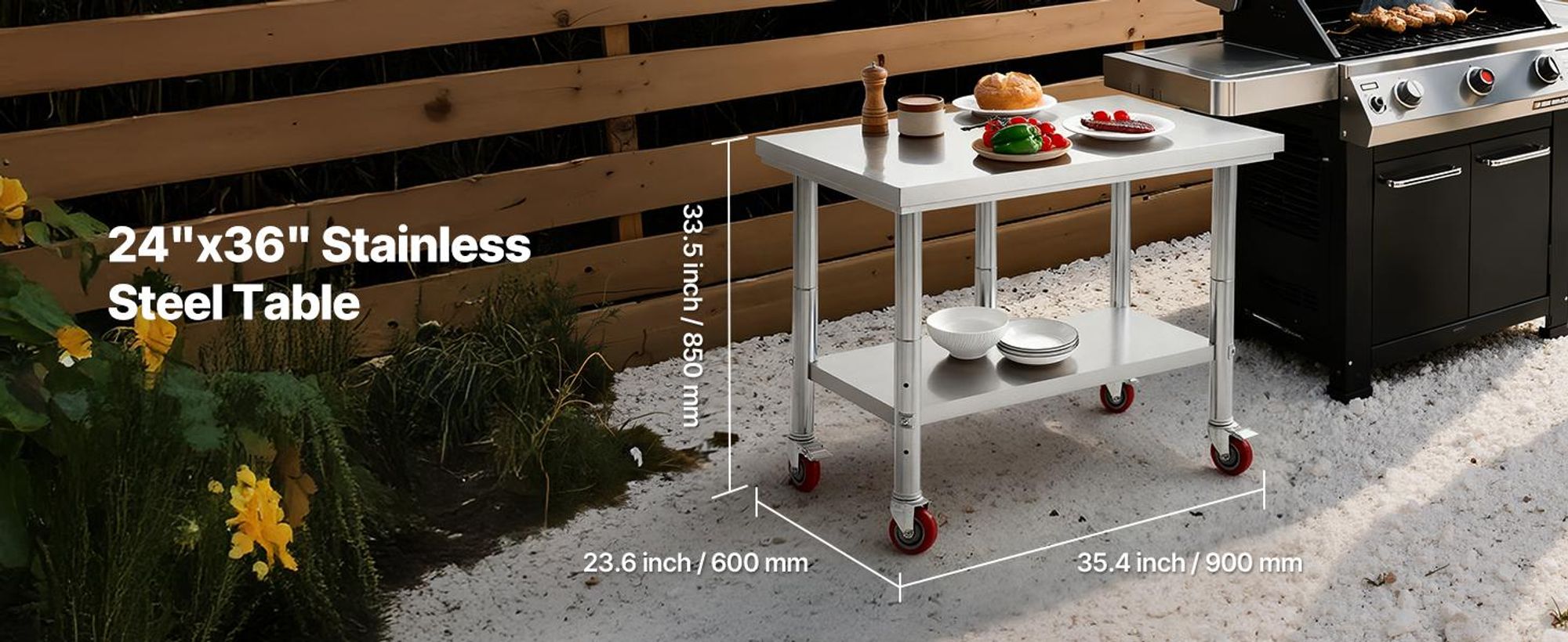 VEVOR Edelstahltisch Arbeitstisch Küchentisch (90 x 60 cm) zur Lebensmittelzubereitung mit Rädern, Zubereitungstisch mit verstellbaren Unterregal für Großküchen Restaurants Hotels Garagen Outdoor
