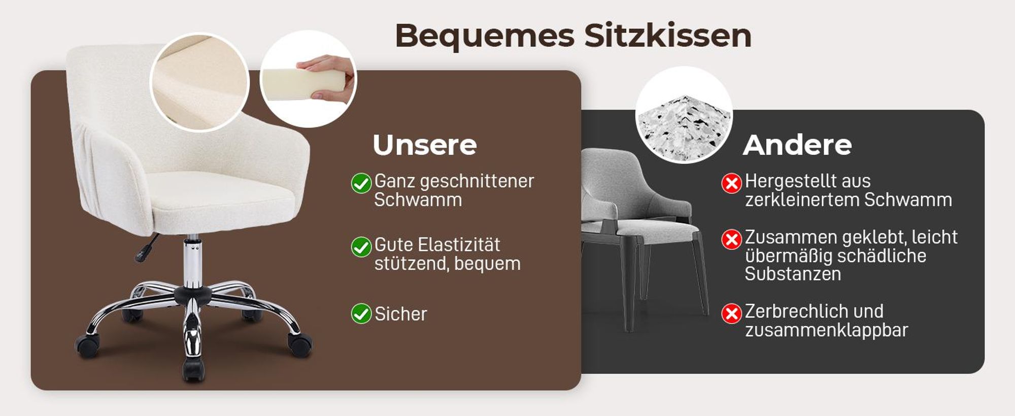 Schreibtischstuhl mit Armlehnen, Drehstuhl mit Rollen, Bürodrehstuhl, Polsterstuhl , Elfenbein
