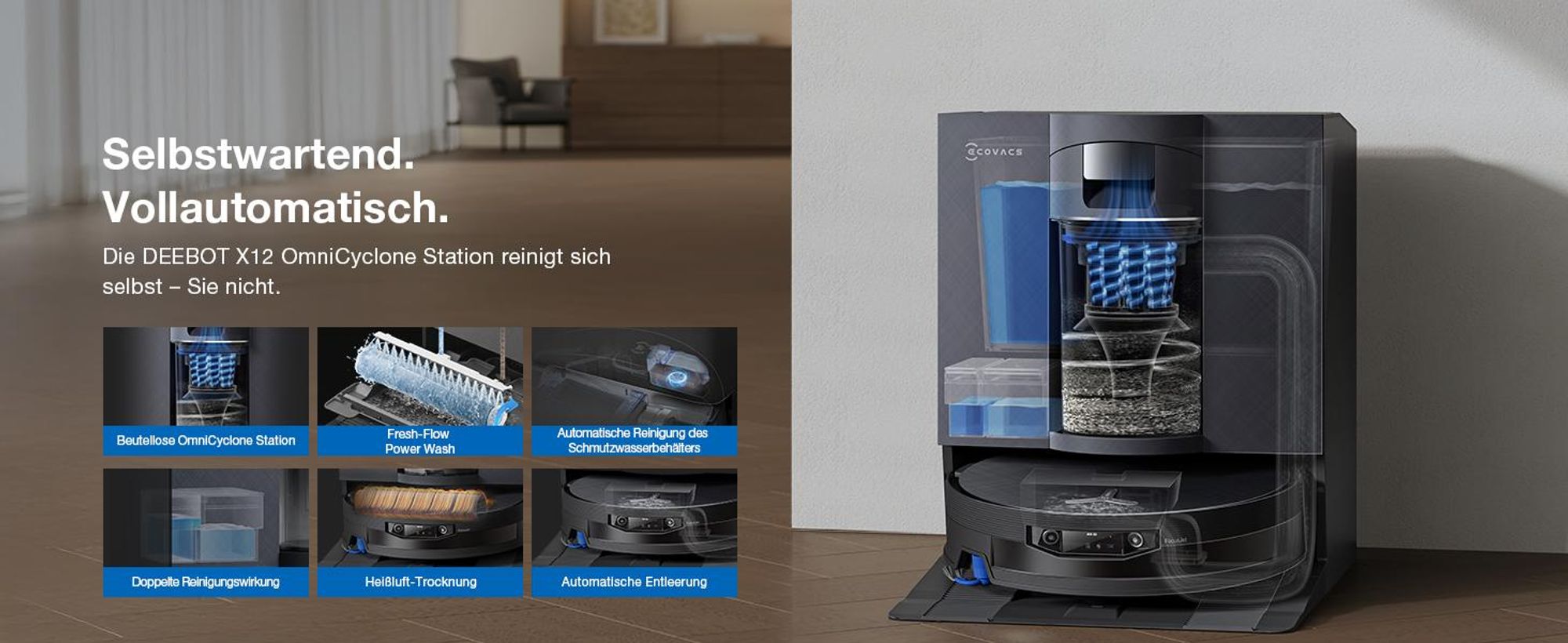 ECOVACS DEEBOT X12 OMNICYCLONE Staubsauger Roboter mit 2pcs Free Originale Reinigungslösung, Blast & 22.000 Pa, PureCyclone 2.0 Auto-Entleerung
