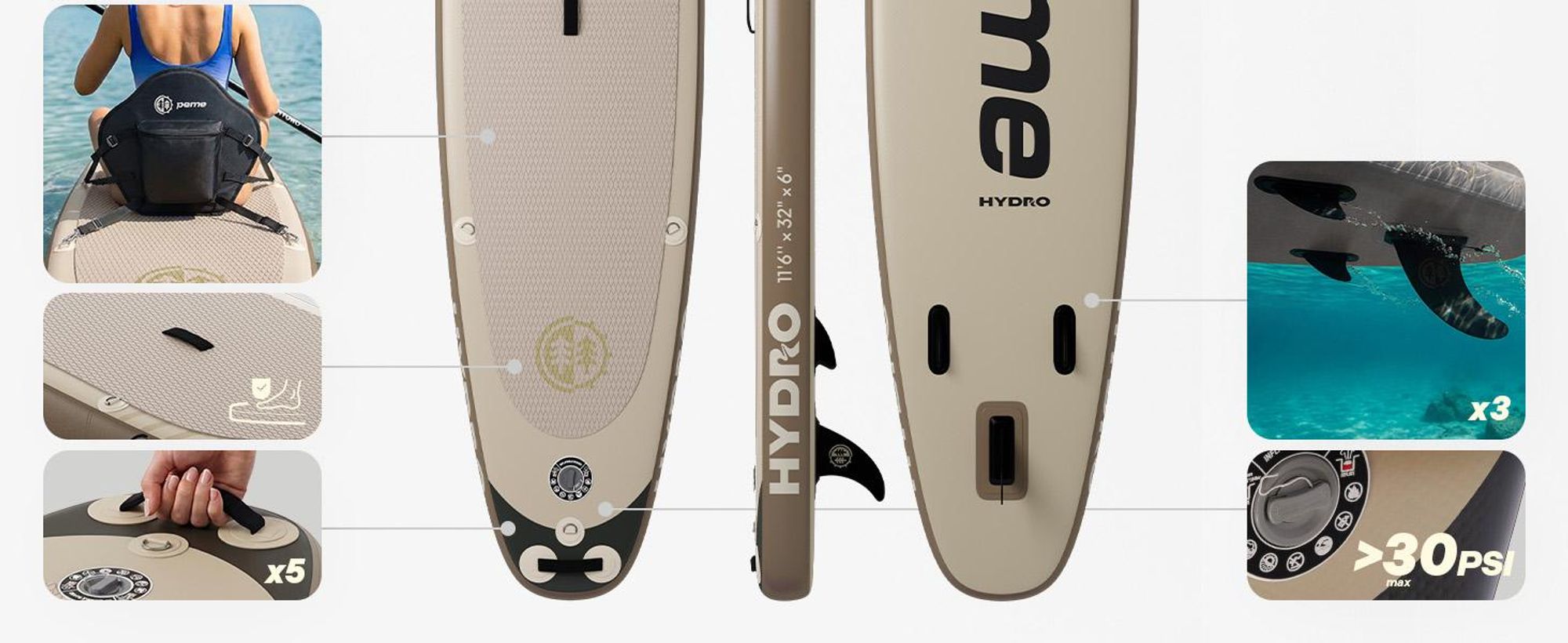 PEME Stand Up Paddle Board - Sand Storm -  350 cm - Dopple Paddel und komplette Zubehöre, SUP, Surfboard aufblasbar- Beige & Schwarz