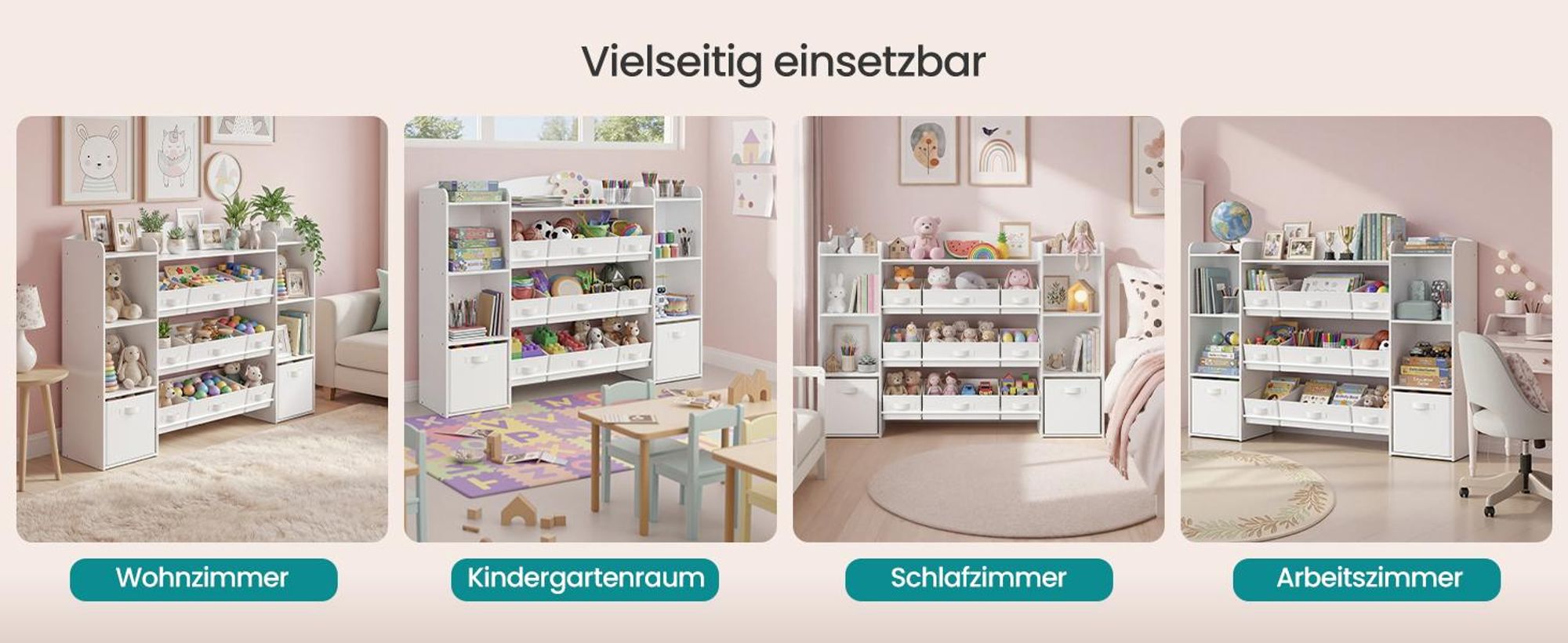 SONGMICS Kinderregal mit 4 offenen Fächern, Kinderregal, 9 mittlere und 2 seitliche Boxen, 30 x 143,8 x 104 cm, weiß