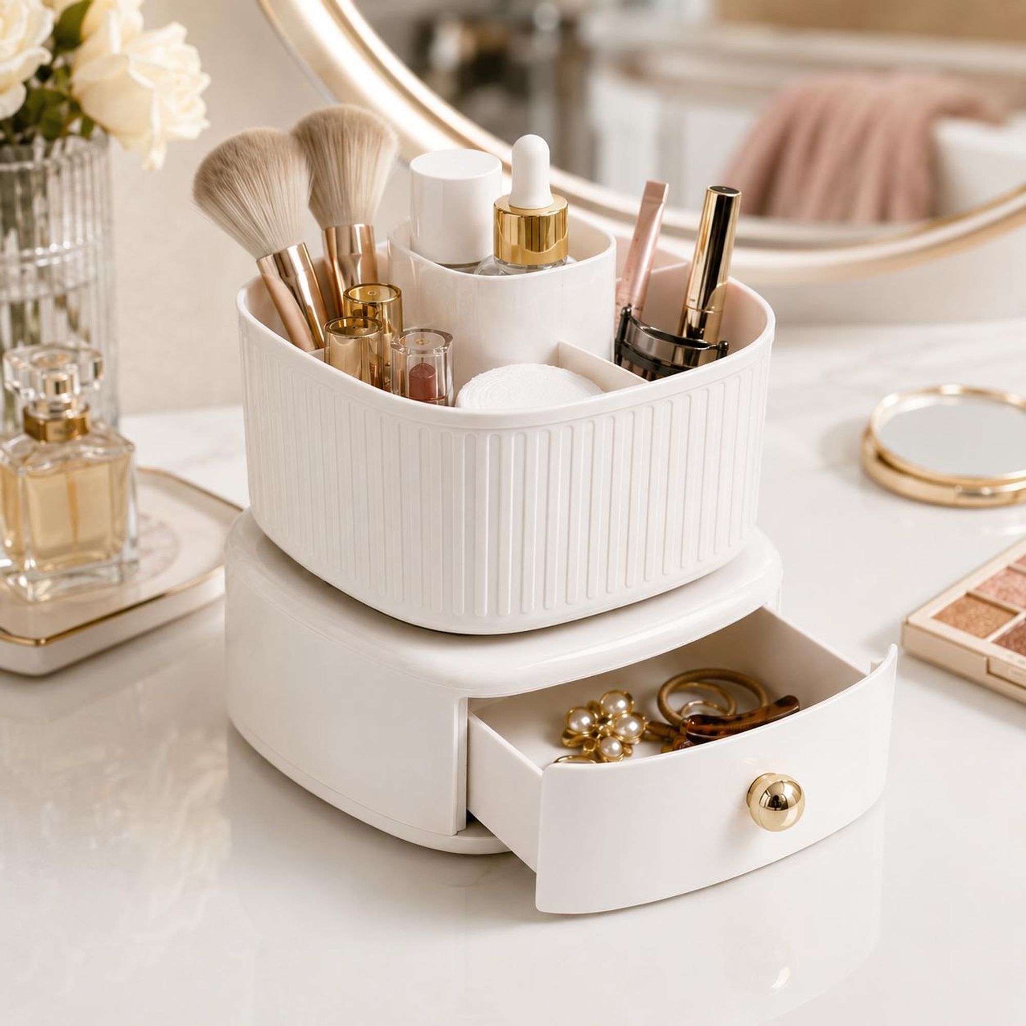 WELLHAUS Kosmetik Organizer drehbar 2 Etagen 360 Grad mit Schublade