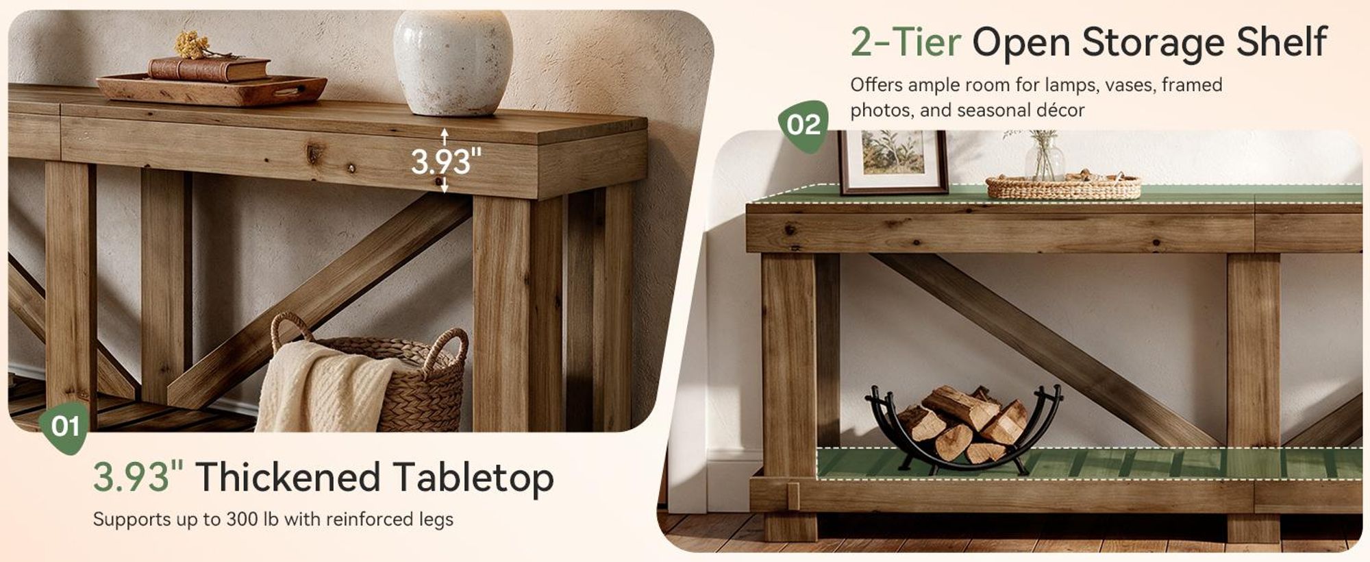 200 cm Konsolentisch aus Massivholz, extra langer, zweistöckiger Flurtisch, Schmaler Sofa-Beistelltisch im Landhausstil mit offener Ablage