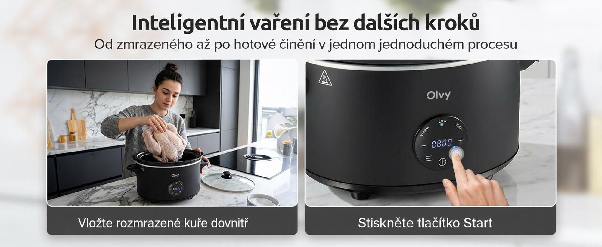 Digitální pomalý hrnec Olvy s časovačem – 6 litrů, šetrné vaření – keramický vnitřní hrnec – včetně kuchařky