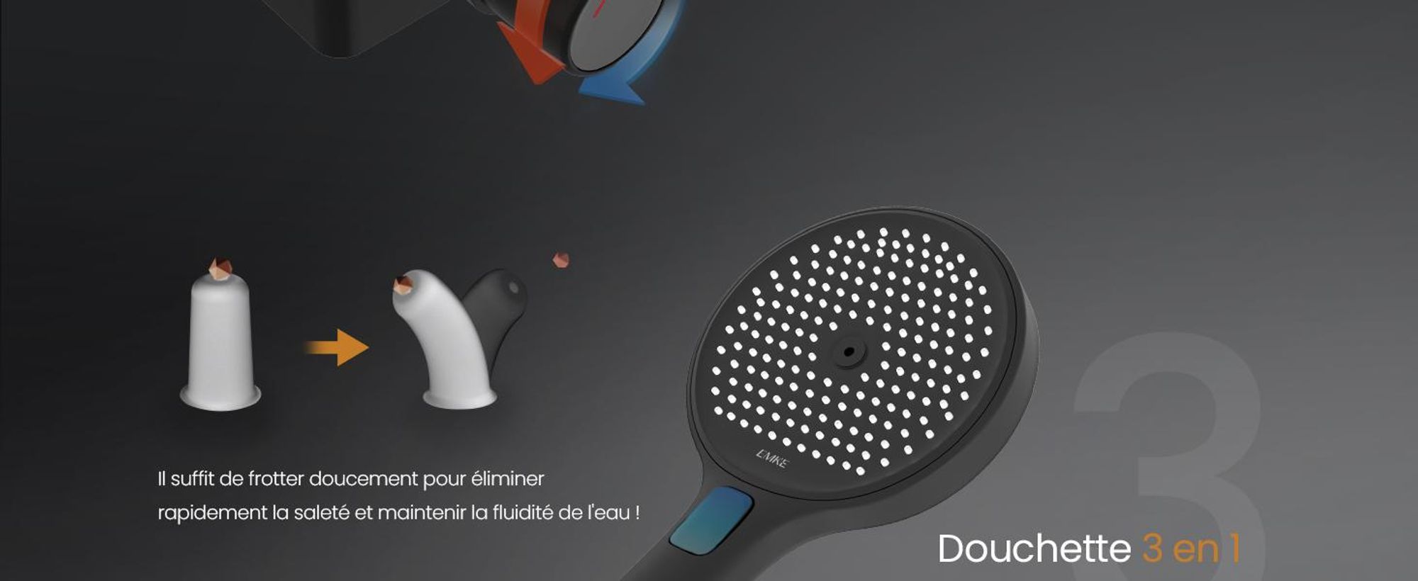 EMKE® Système de doucheavec thermostat Douche de pluie ronde avec support en verre de 40 cm, robinetterie de salle de bains & douche, douchette à main 3 jets + bec inférieur Noir F22