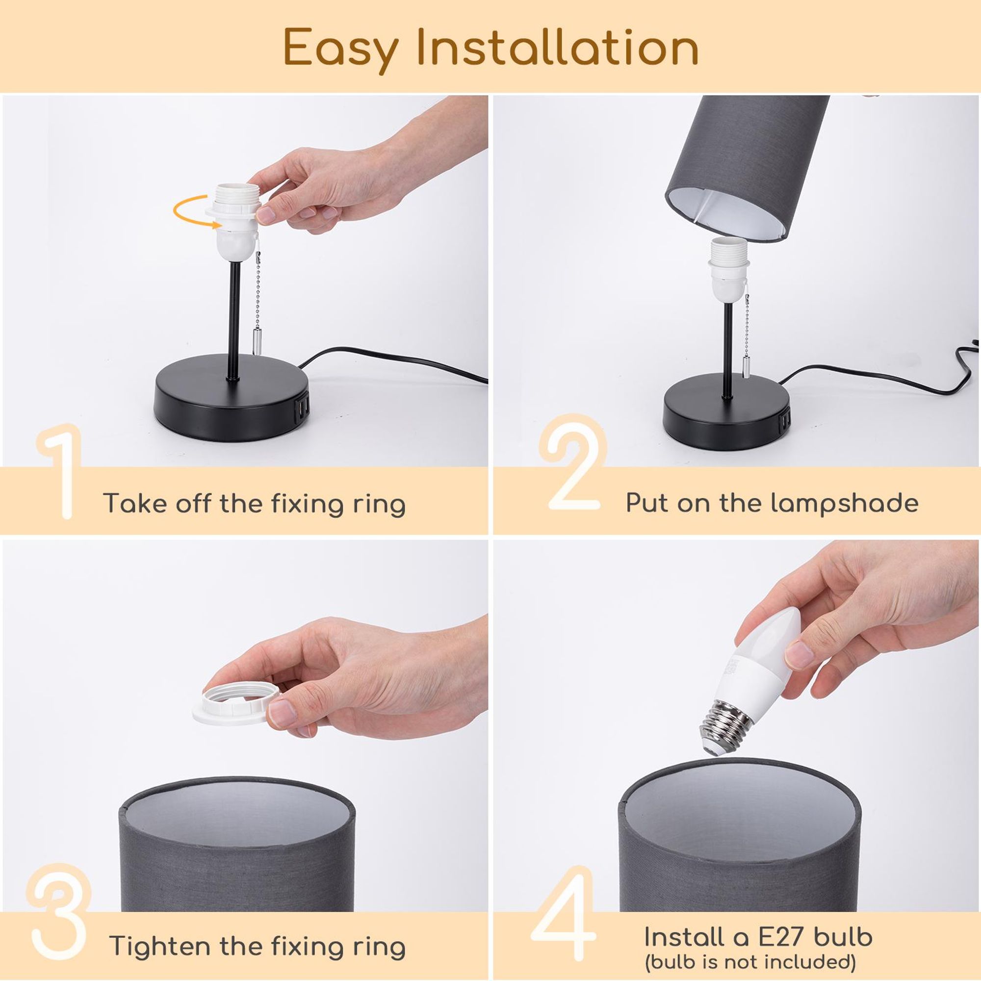 Aigostar Nachttischlampe mit 2 USB-Ladeanschlüssen, E27 Tischlampe mit Zugschalter, Metall Basis, Modern Tischleuchte, Grau