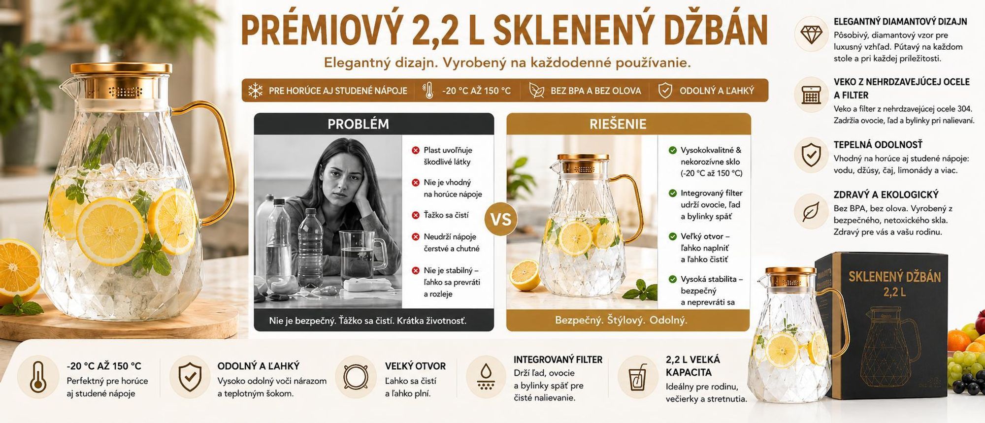 2,2 l karafa s diamantovým vzorom z vysoko borosilikátového skla, sklenená karafa s viečkom na studenú a horúcu vodu – DIAPOUR