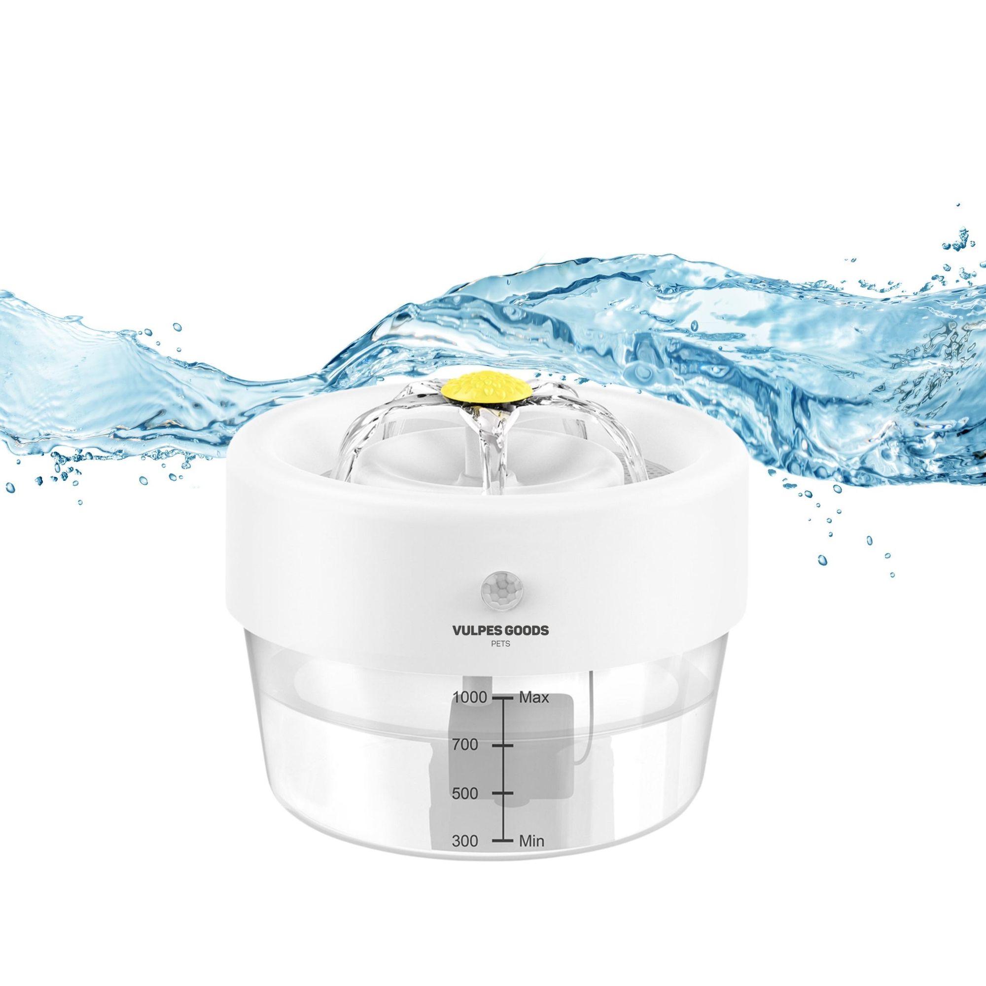 Vulpes Goods Drahtloser Trinkbrunnen für Katzen - 1L | Wiederaufladbar - Katzenbrunnen mit Batterie | 360° Katzen Wasserspender mit Bewegungsmelder