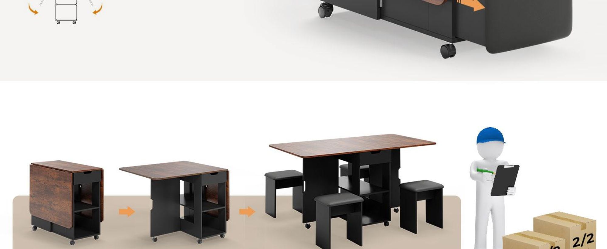 Mondeer Essgruppe Klapp-Essgruppe mit 4 Polsterhocker – Platzsparend, Rollen, 2 Schubladen & Ablageflächen 140x80 cm Braun und Schwarz