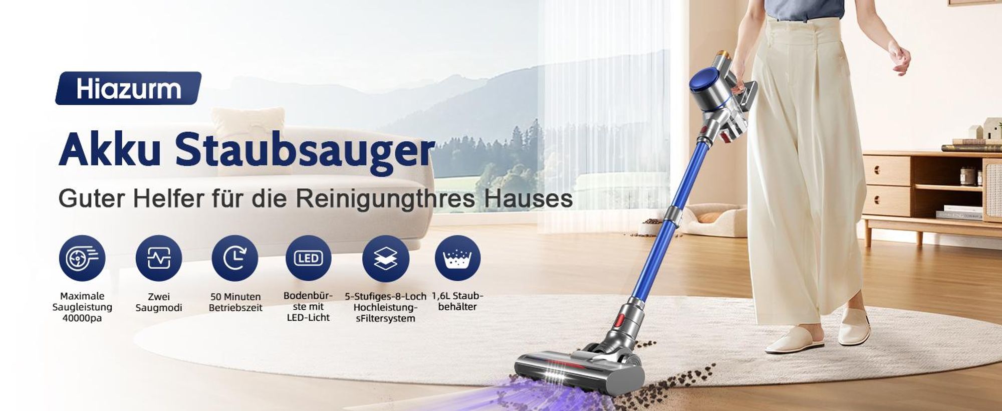 Hiazurm Akku Staubsauger,HEPAx4, 40000Pa Staubsauger kabellos,50 Min,Haushalte mit Haustieren ,kabelloser Staubsauger,Anti-Tangle-Staubsauger