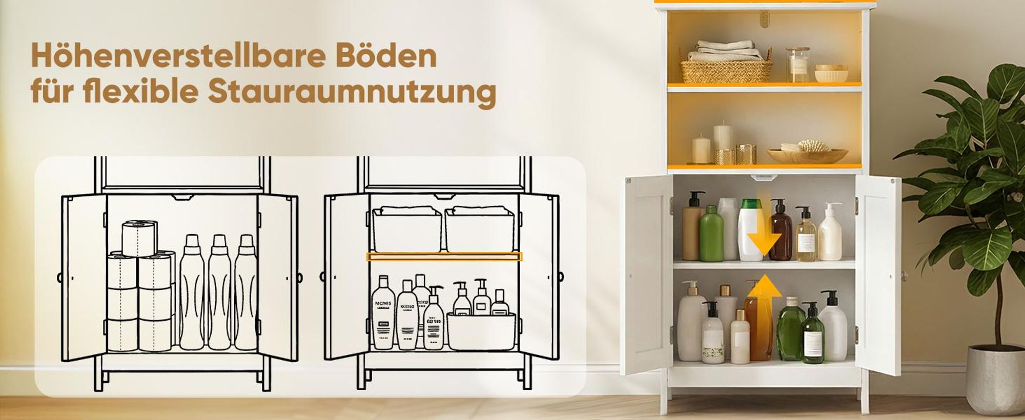 HOKEEPER Badezimmerschrank, Badschrank, Küchenschrank mit Doppeltür & Einstellbarem Regal,Badkommode Sideboard, Badezimmer/Wohnzimmer/Flur Weiß