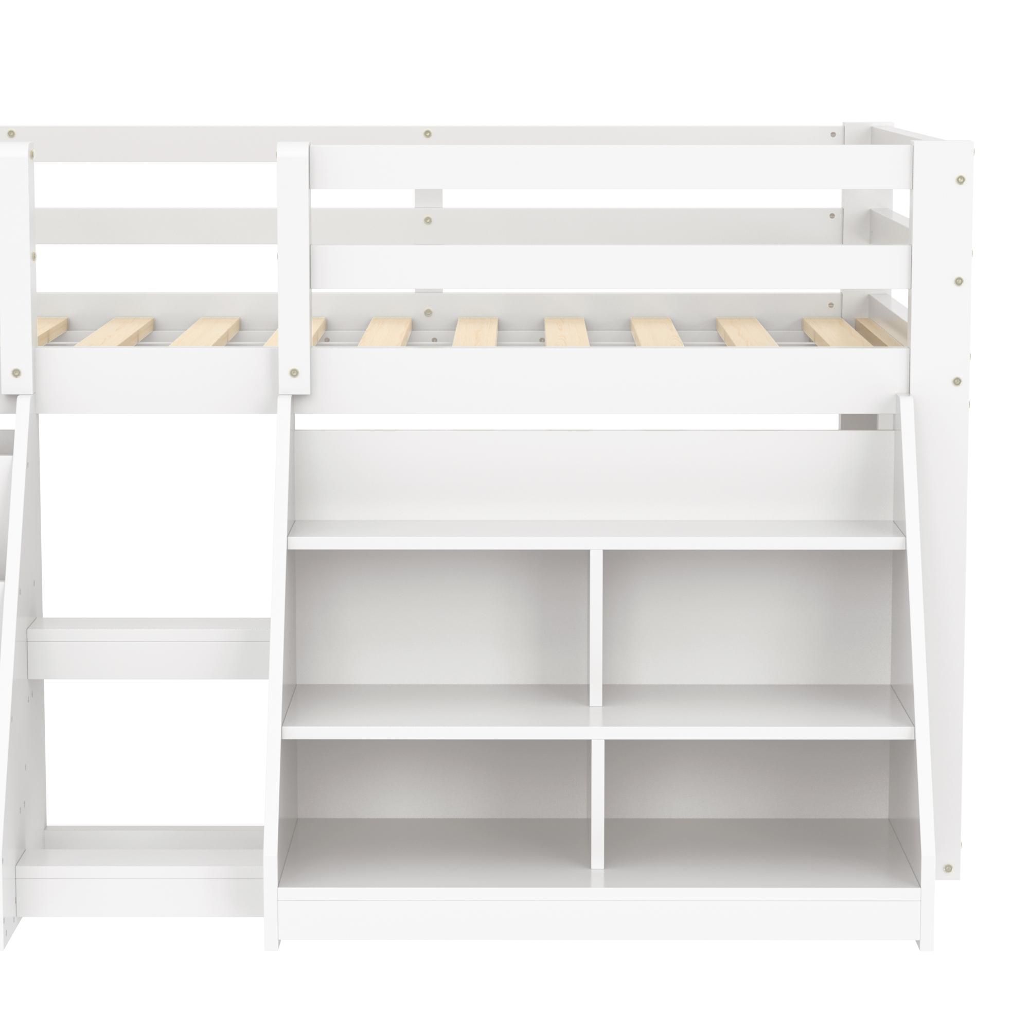 Flieks Kinderbett Hochbett 90x200cm mit 2 Regal, Etagenbett mit Led, Holzbett Einzelbett Stockbett mit Rausfallschutz und Lattenrost, Weiß