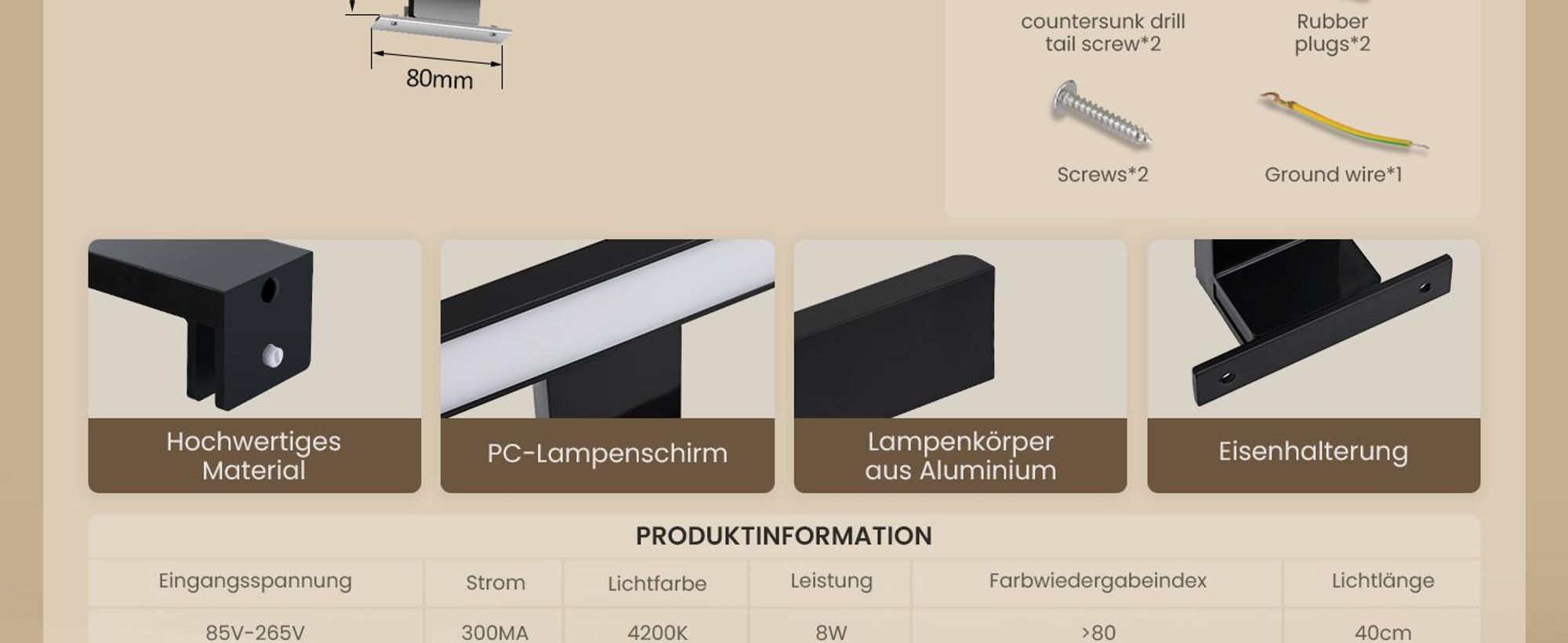EMKE Spiegelleuchte LED Spiegelleuchte 40cm Spiegellampen für Badezimmer IP44 Schrankleuchte Schwarz Neutral Licht 4200K