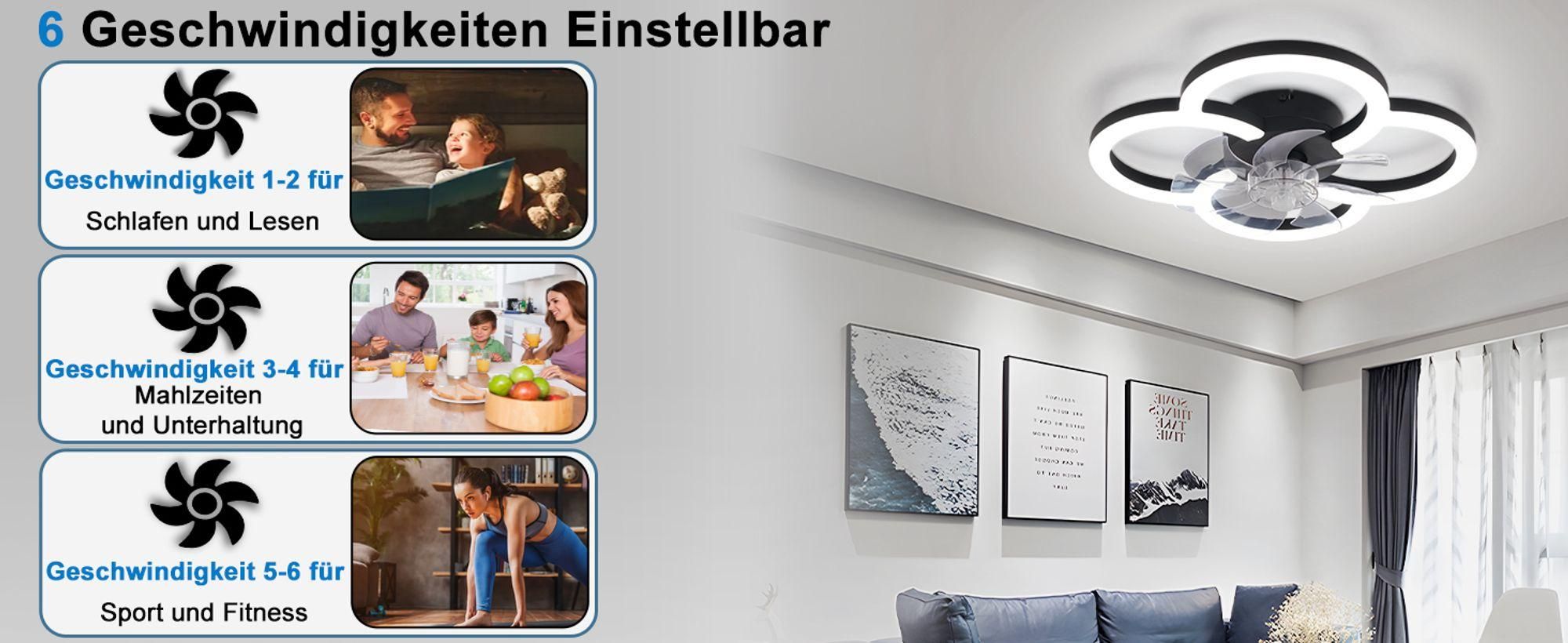 ZMH LED stropní ventilátor 40W tichý se světlem dálkovým ovládáním stmívatelný 6 rychlostí časovačem černý pro ložnici kuchyň a jídelnu