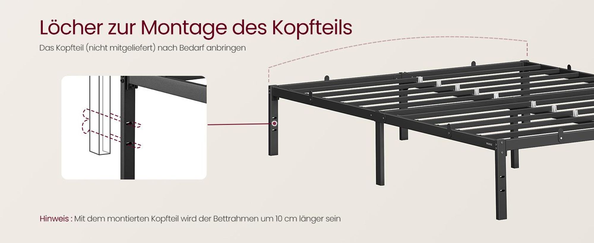 VASAGLE Doppelbettgestell, Bett, 180 x 200 cm, Metallbett, Bettrahmen, Unterbettaufbewahrung, modern, Gästebett