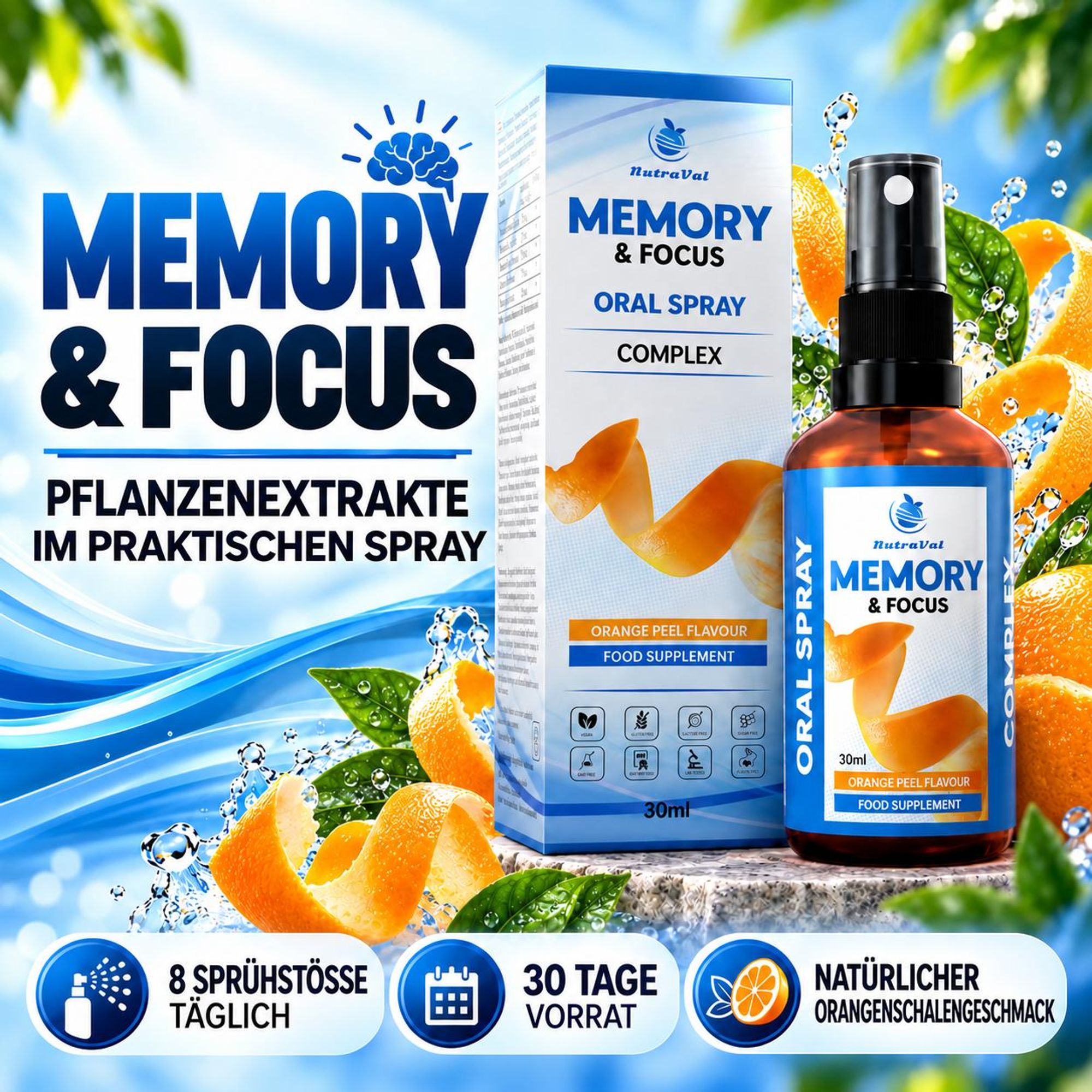 Gedächtnis Fokus Spray | Lions Mane, Bacopa, Ginkgo Biloba, Rosenwurz – Mentale Klarheit & Konzentration – vegan, 30 ml - BEST BEFORE 10/2026