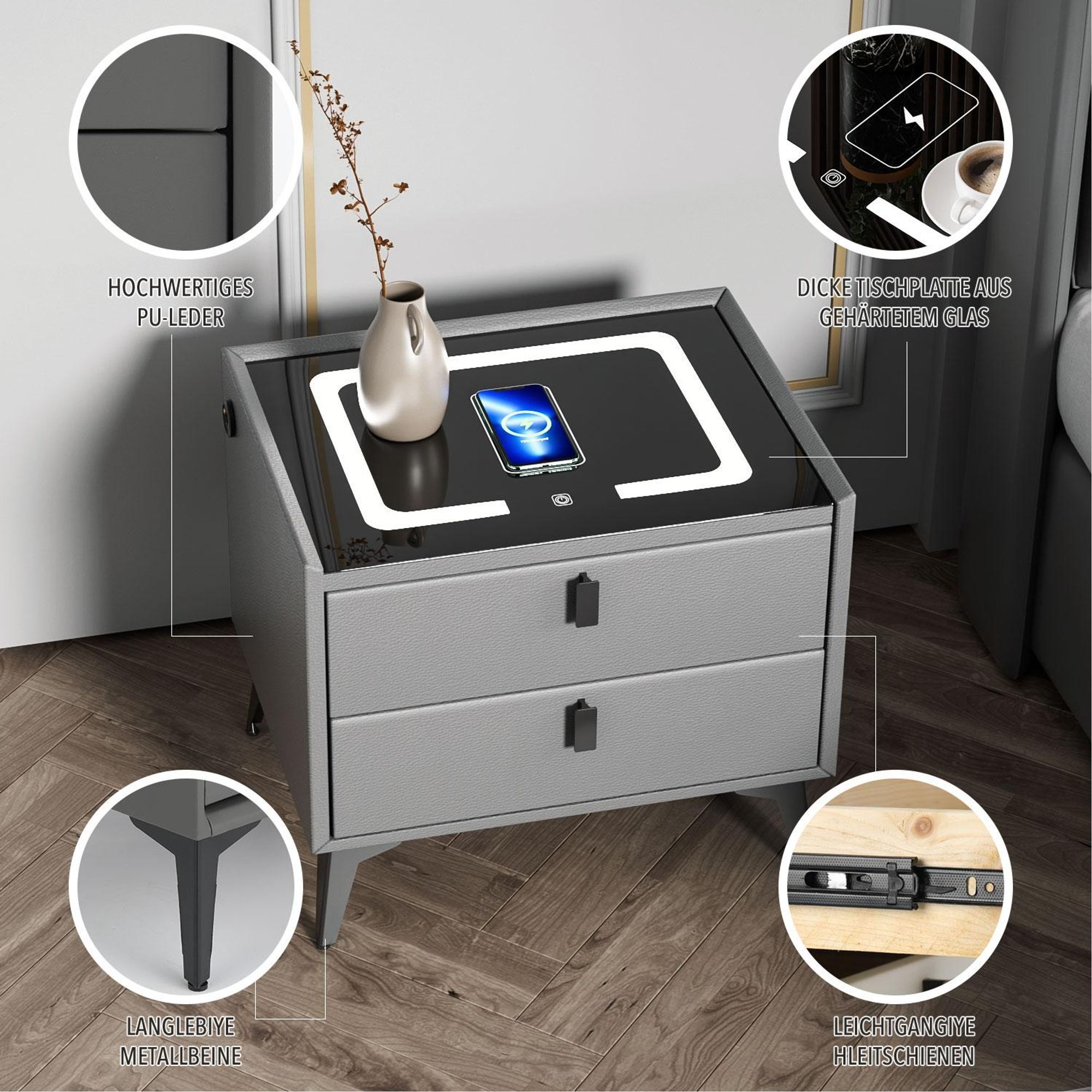OYAJIA Schlafzimmer Nachttisch Nachttisch mit LED-Beleuchtung, Touch-Sensor-Licht,mit 15W Kabelloses Laden,Beistelltisch mit 2 Schubladen