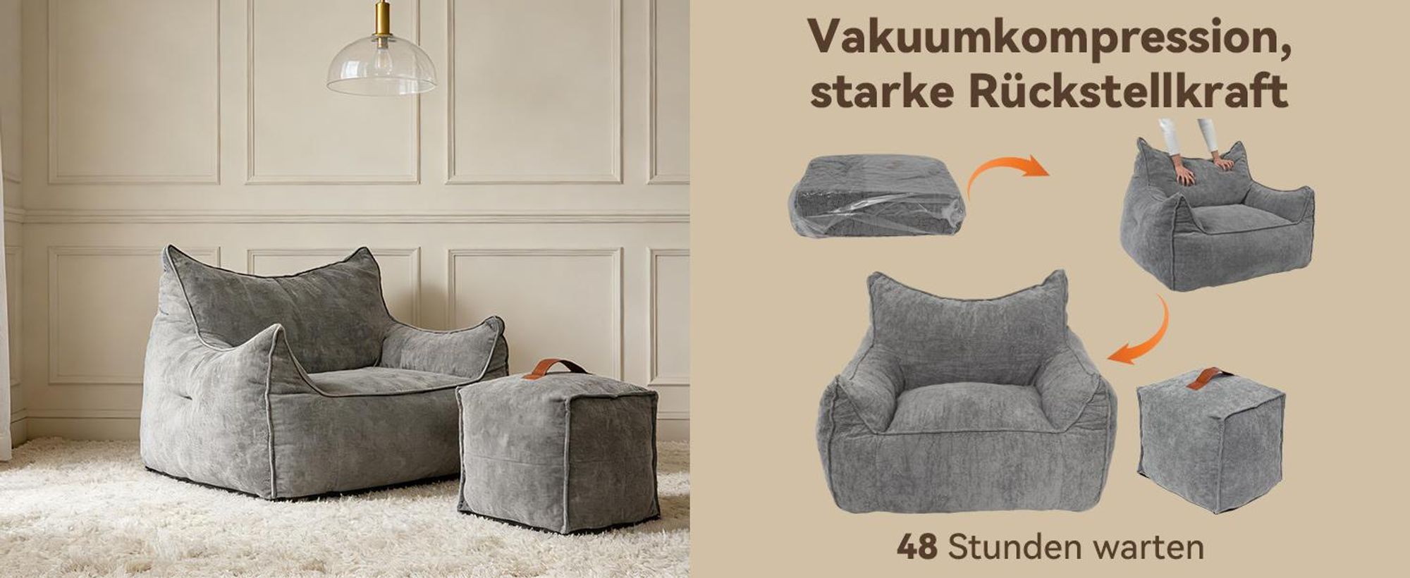 Puluomis Riesen Sitzsack mit Fußhocker XXL, Beanbag Sofa 95 x 100 cm 150kg belastbar, für Wohnzimmer, Leseecke, Gaming grau