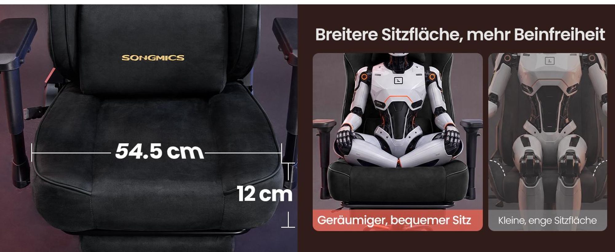 SONGMICS Gaming Stuhl aus WildKunstleder mit Fußstütze und 4D-Armlehnen, bis 200 kg, 72 x 72 x (125-135) cm, Schwarz
