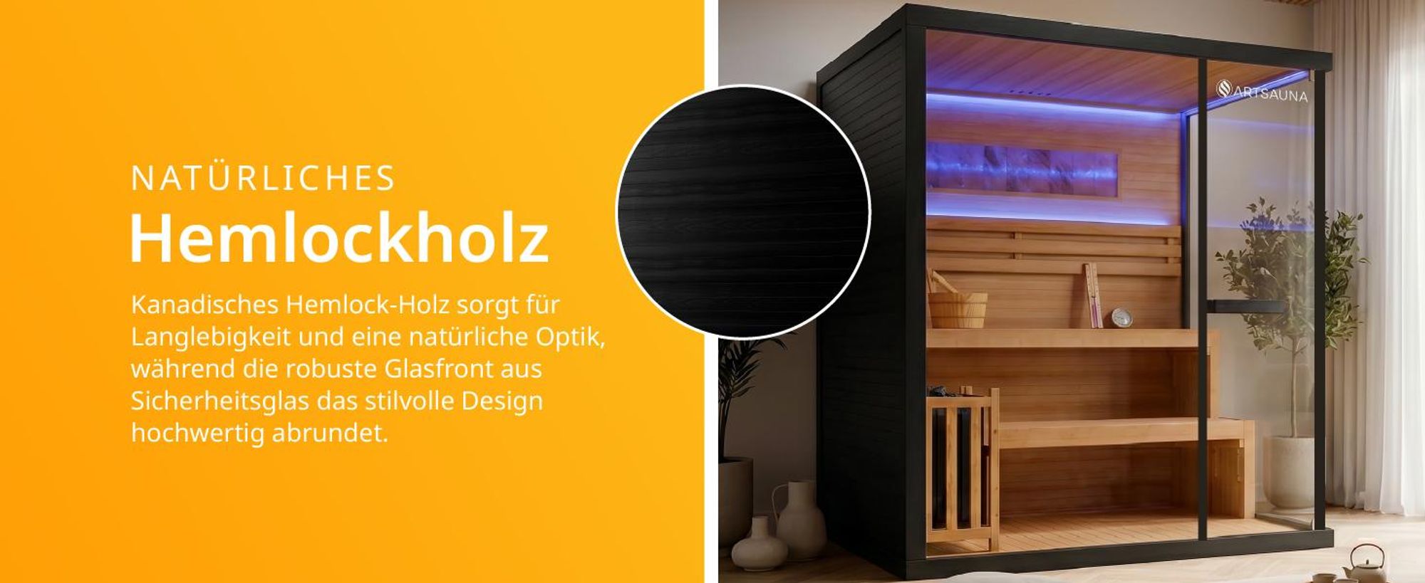 ARTSAUNA® Traditionelle Sauna Vantaa 175 - schwarz, Salzsteine, Hemlock Holz, 8 kW Saunaofen, Indoor Sauna 4 Personen, Komplett-Set