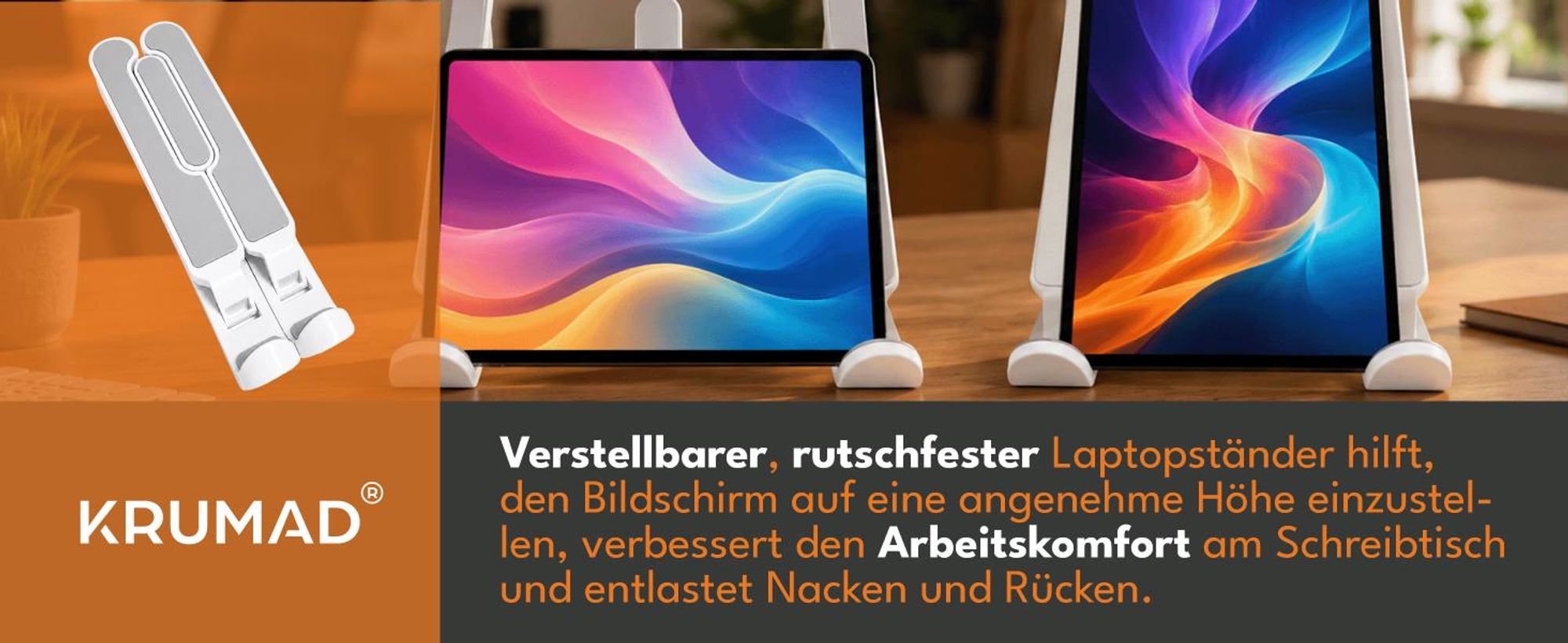 KRUMAD Laptopständer höhenverstellbar und faltbar, Notebook Halterung für Laptop und Tablet, verstellbarer Schreibtischständer ergonomisch mobil