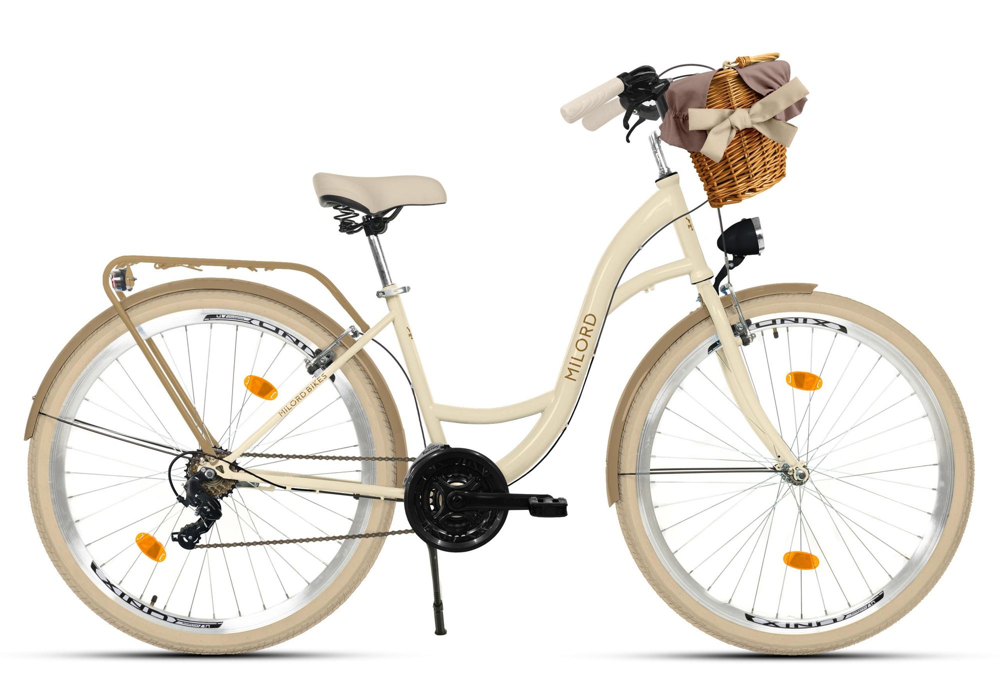MILORD Damenfahrrad Citybike Komfort Mit Weidenkorb Hollandrad Fahrrad, 26 Zoll, 21-Gang, Khaki-Creme