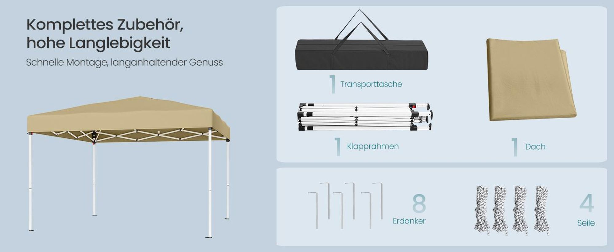 SONGMICS Faltzelt 3 x 3 m, stabil, tragbar, Pavillon für Garten, Hof, Markt, Sonnenschutz, beige