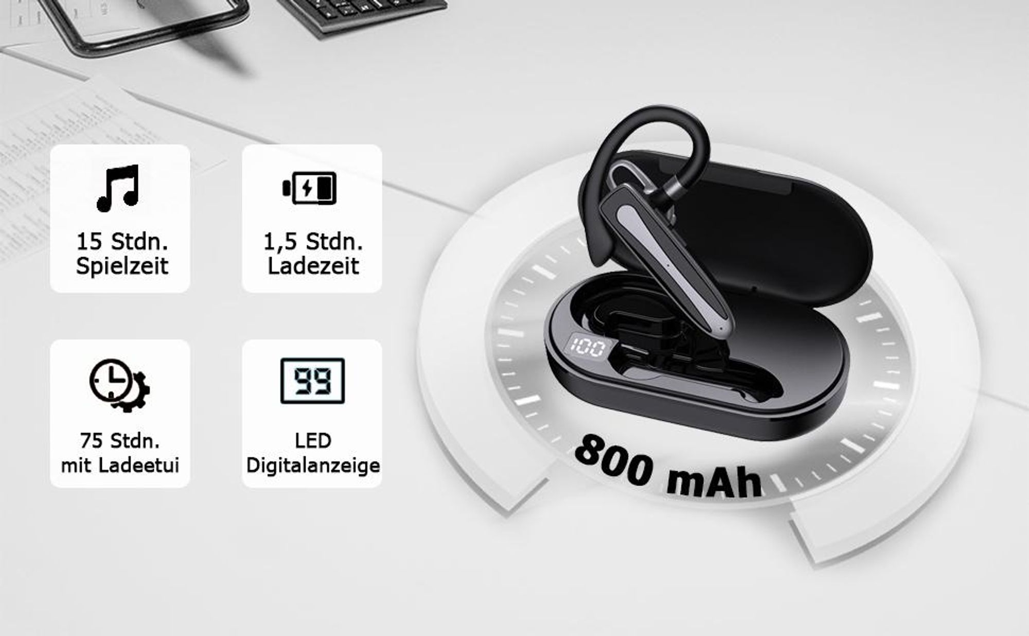 Bluetooth Headset mit Mikrofon Freisprechanlage Bluetooth Ohr Headset Bluetooth Handy In Ear Kopfhörer mit Ladeetui für Autofahren Business Büro