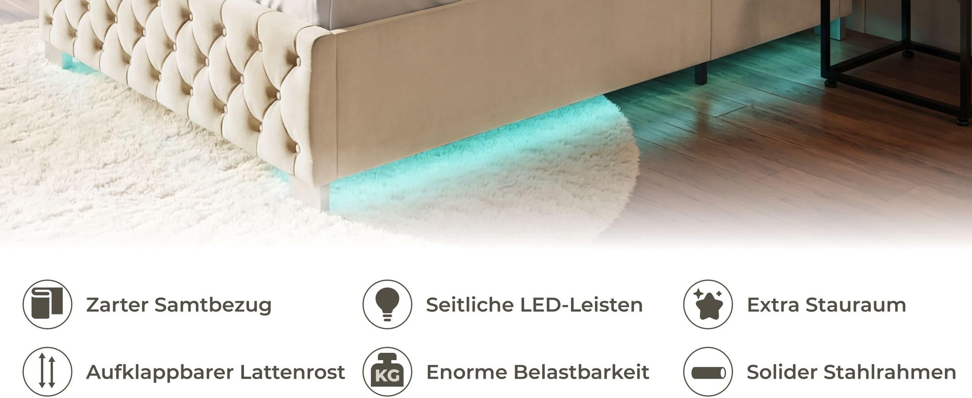 tectake® Polsterbett Daytona in Samtoptik mit Steppmuster großer Stauraum