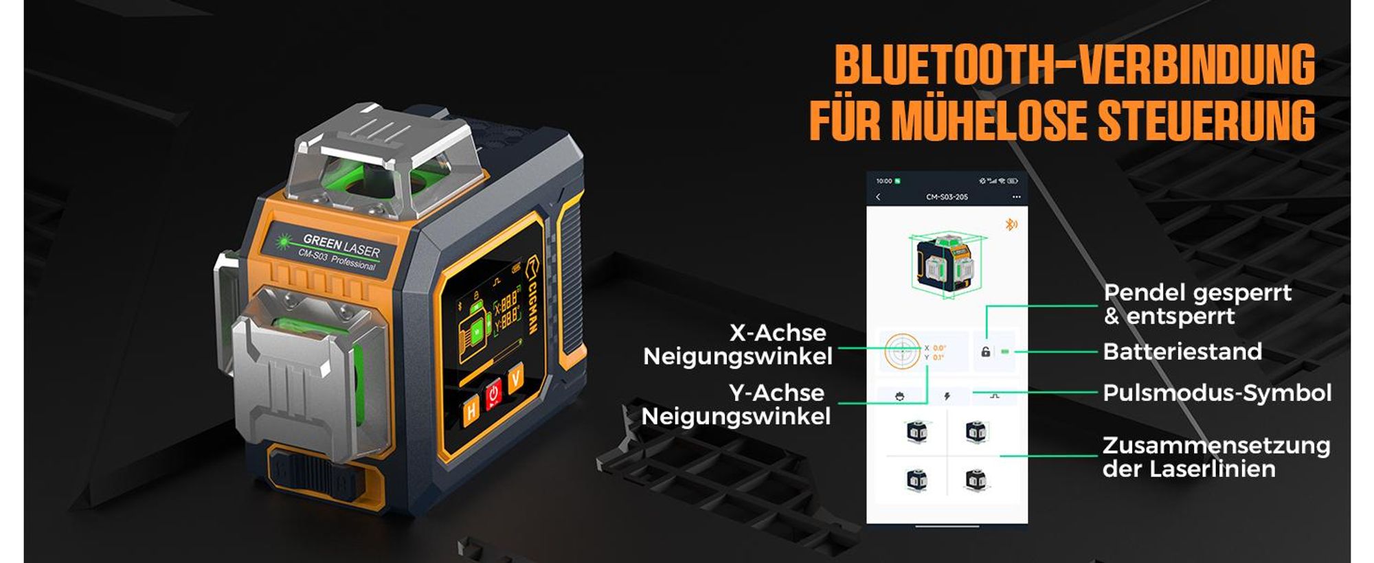 CIGMAN CM-S03 Kreuzlinienlaser 3x360° Grün mit App & LCD-Display
