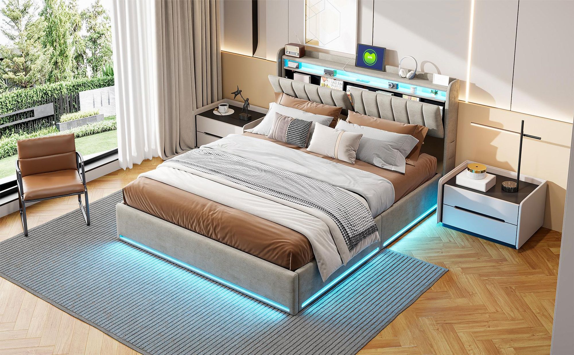 INONEFT Boxspringbett 160×200 mit LED &USB ,Polsterbett mit Stauraum,Hydraulisches Doppelbett, Samt, Grau.