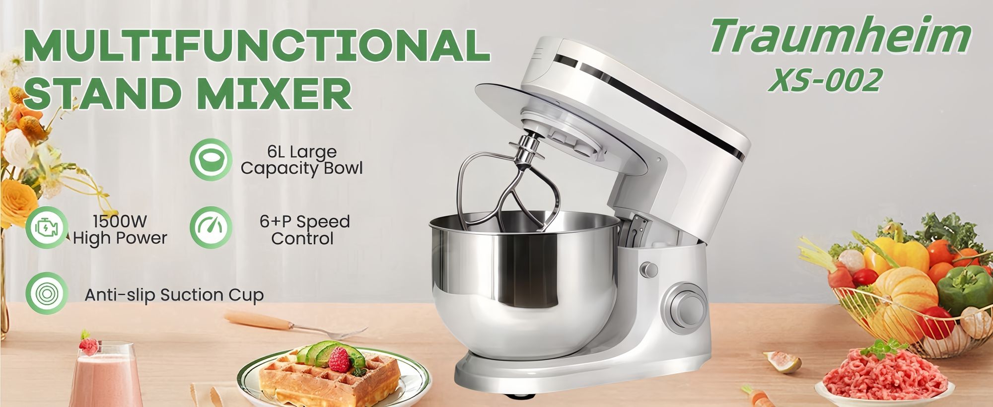 Traumheim® XS-002 6L 3-in-1 Multifunktions-Standmixer, 1500W Küchenmaschine,6+P Geschwindigkeit,Knetmaschine mit 3 Zubehörteilen und Schüssel (Weiß)