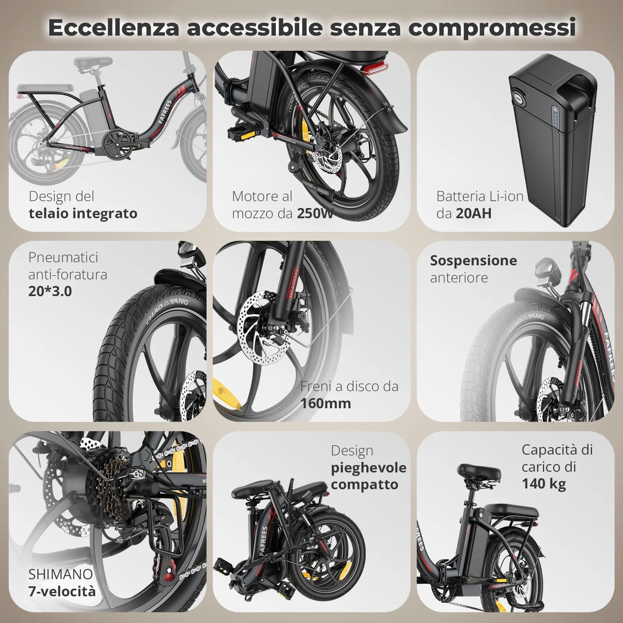 E-Bike FAFREES F20+ - Motore 250W Batteria 36V20Ah Pneumatici Da 20 Pollici Freni A Disco Meccanici - Nero