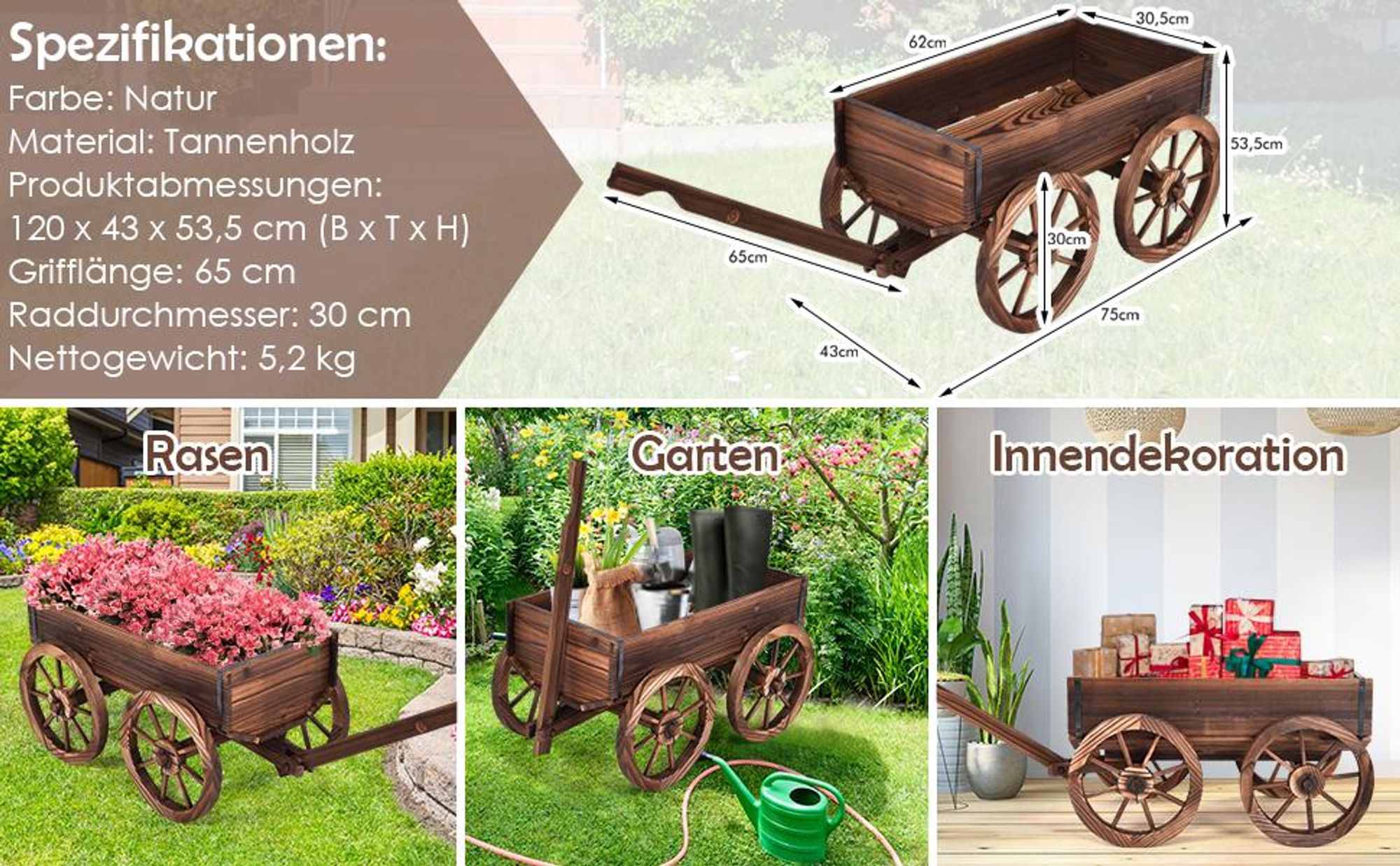 COSTWAY Pflanzwagen Holz mit 4 Rädern, Blumenwagen mit verstellbarem Griff & Drainagelöchern, Blumenkarre, Garten Dekoration, 120x43x53,5cm, Braun