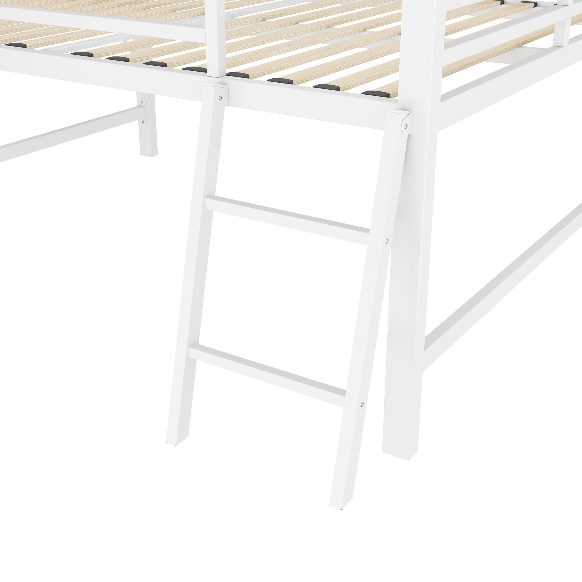 Merax Kinderbetten Halbhohes Bett 140x200cm mit Seite Schreibtisch, Leiter, LED-Beleuchtung, Geländer, Hausbett Design Metallbett, Jugendbett, Weiß
