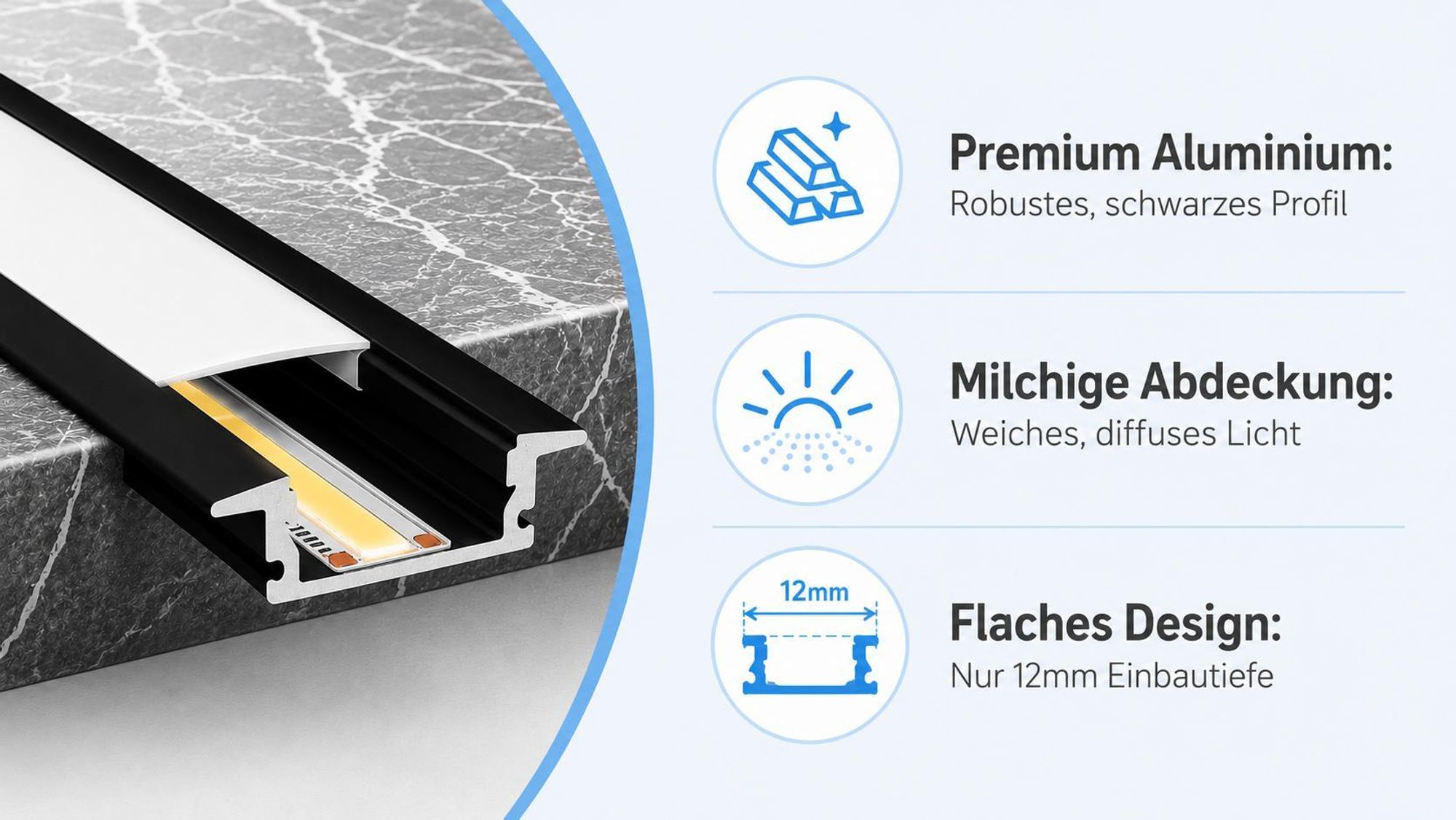 MasterLED Einbauprofil Aluminium Schwarz 2m – LED Leiste Unterputzprofil mit Milchabdeckung – Inkl. Endkappen & Halterung