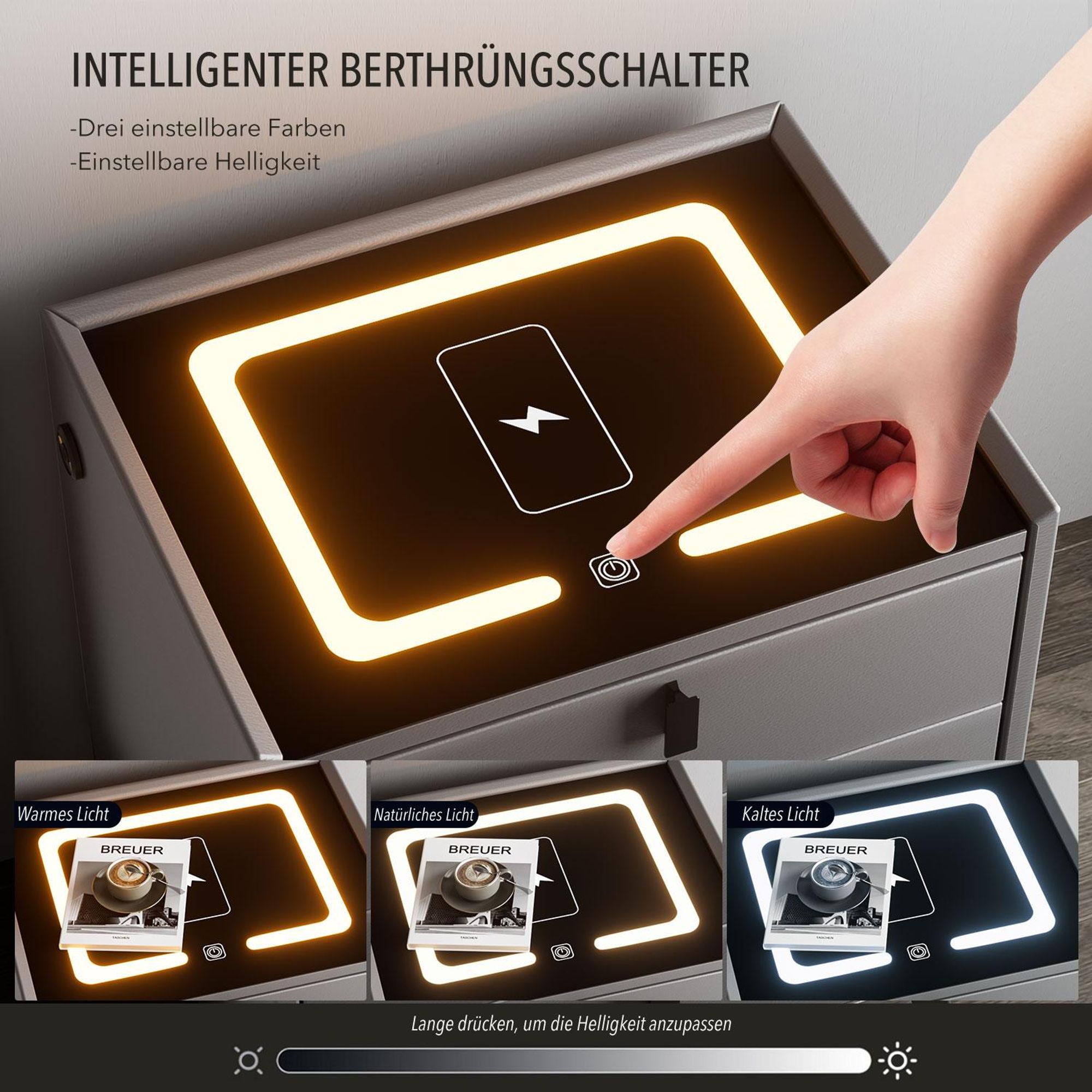 OYAJIA Schlafzimmer Nachttisch Nachttisch mit LED-Beleuchtung, Touch-Sensor-Licht,mit 15W Kabelloses Laden,Beistelltisch mit 2 Schubladen