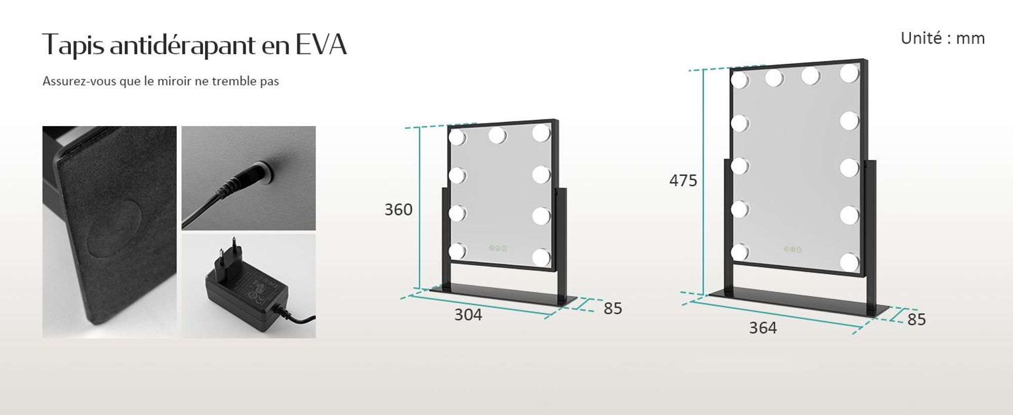 EMKE Hollywood Miroir de courtoisie 85x364x475mm avec miroir grossissant 7x, noir Miroir de courtoisie avec écran tactile intelligent et 3 couleurs de lumière, 12 lampes LED à intensité variable, pivotant à 360° et fonction mémoire
