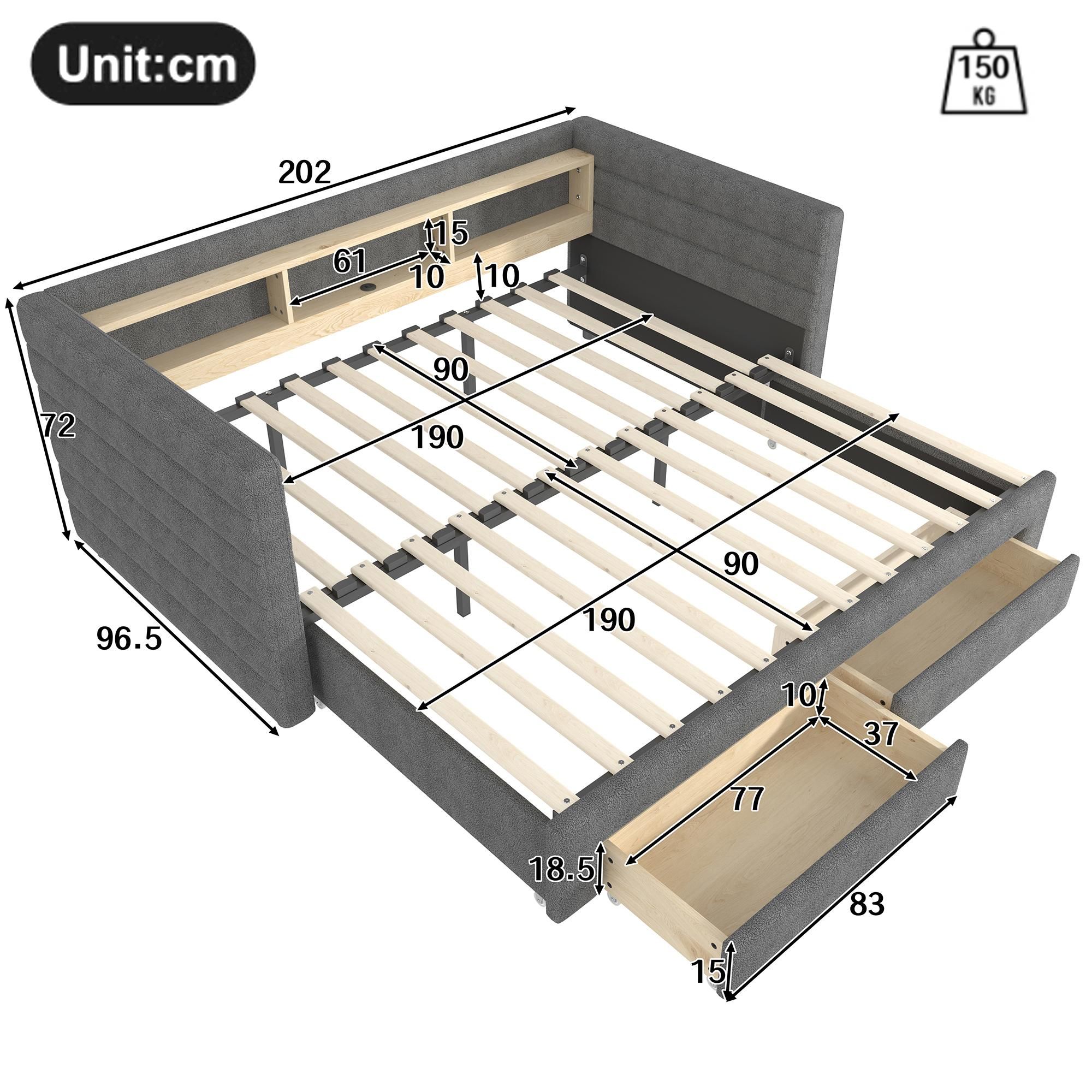 Flieks Schlafsofa Polsterbett 90x190cm mit Led und Ladefunktion, Tagesbett Daybed mit 2 Schubladen und offenen Staufächern, Samt, Grau